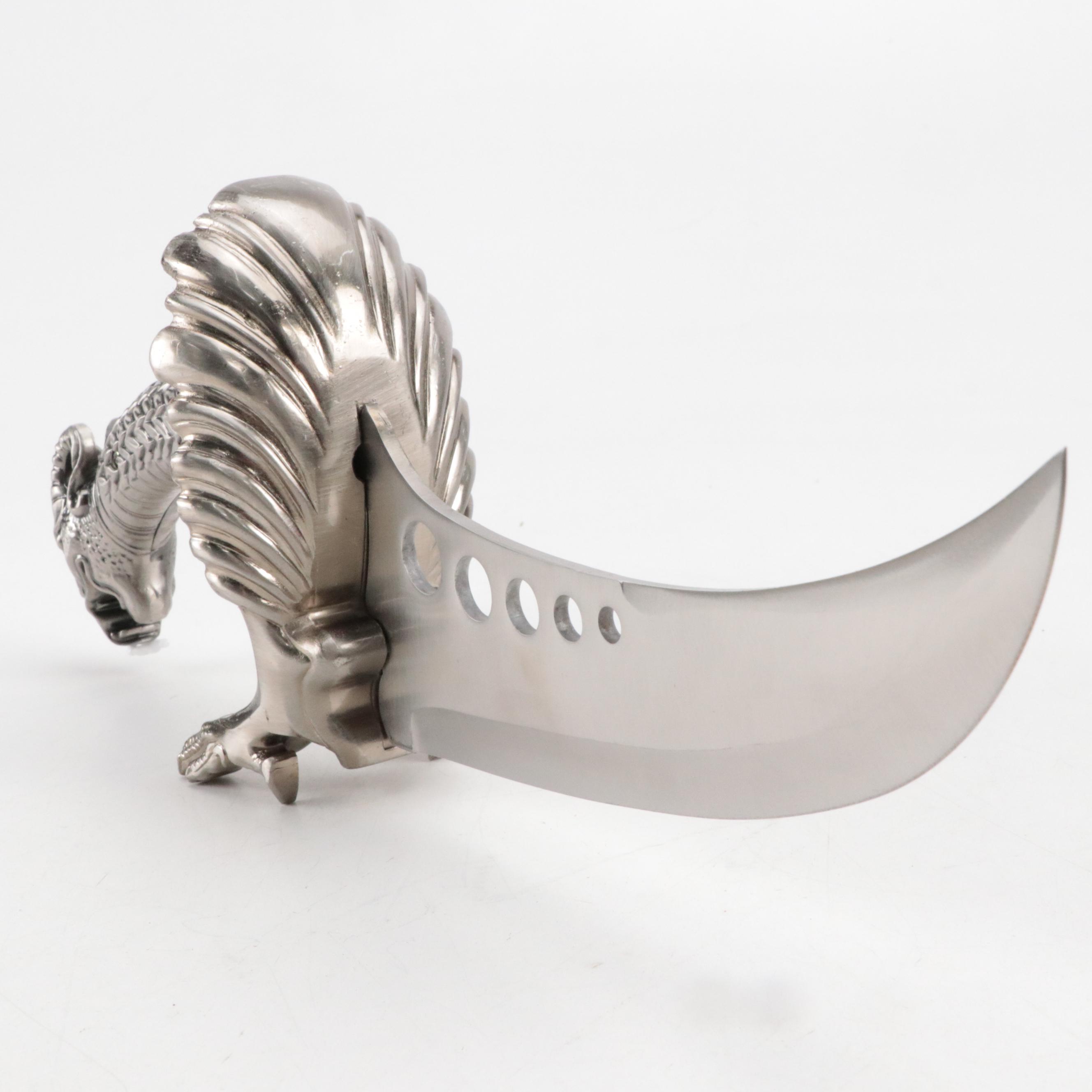 Satin Stainless Dragon-Themed Fantasy Curved Knife with Custom Sheath
