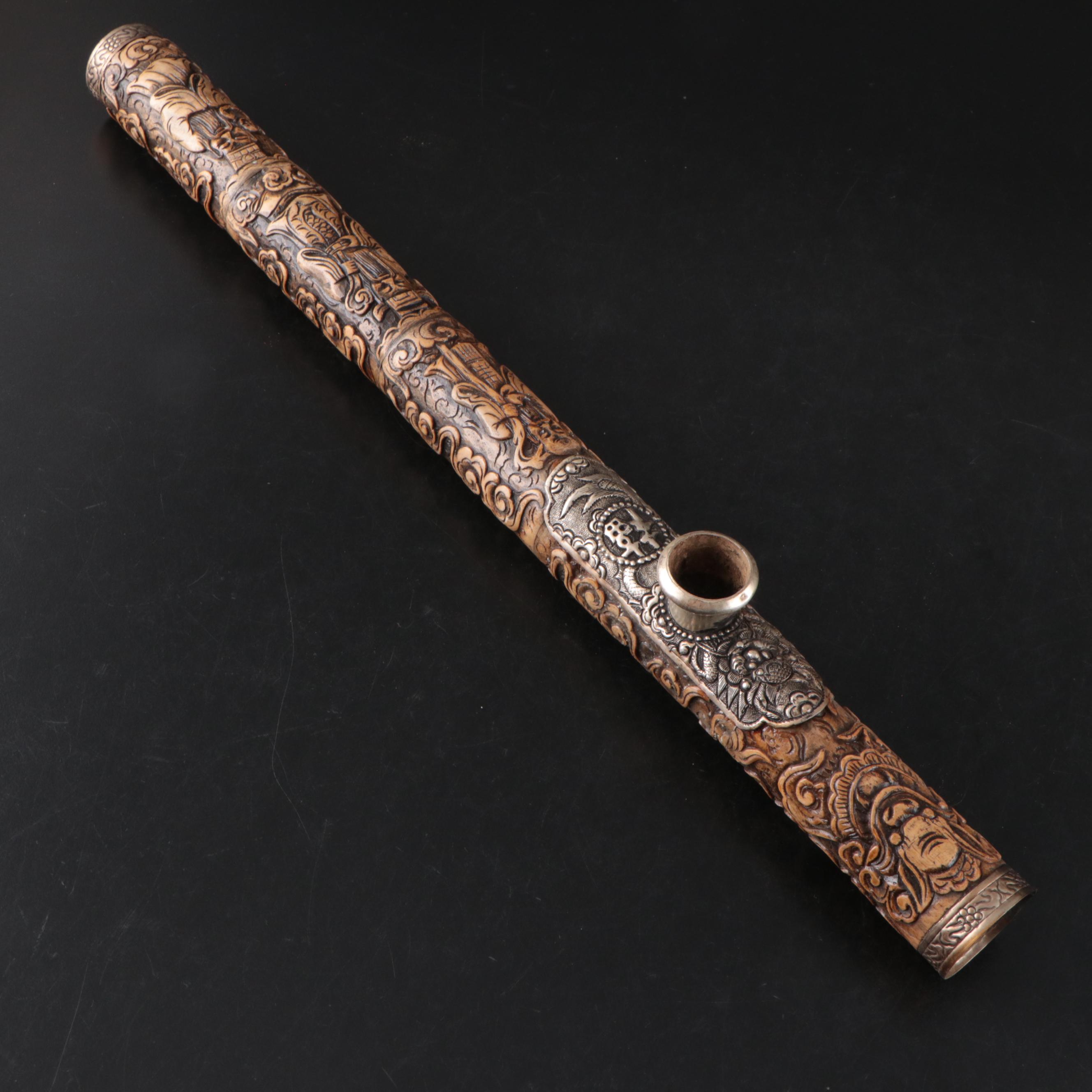 Southern Chinese Carved Bone & Paktong Opium Pipes, Vietnamese Pipe, Clay Bowls