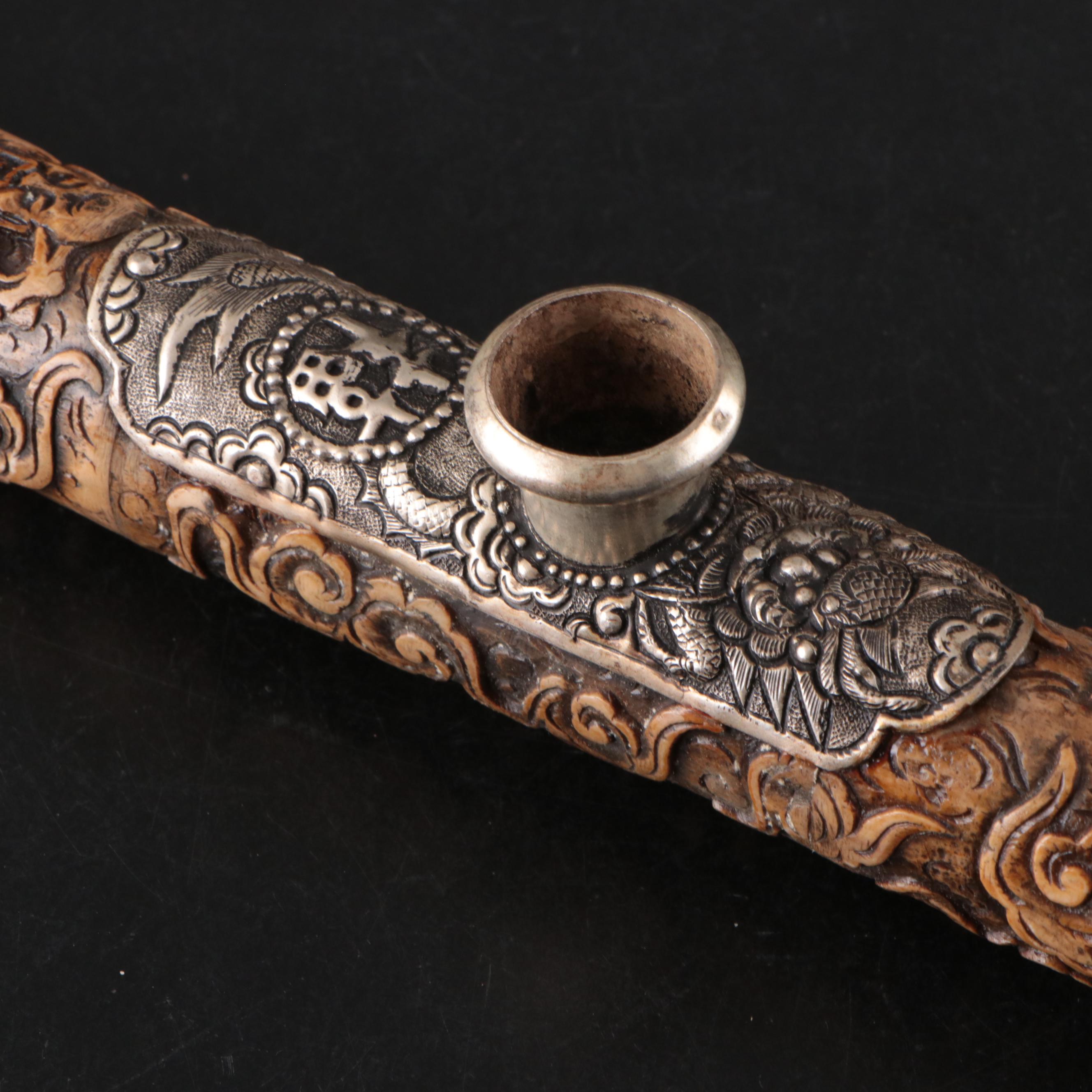 Southern Chinese Carved Bone & Paktong Opium Pipes, Vietnamese Pipe, Clay Bowls
