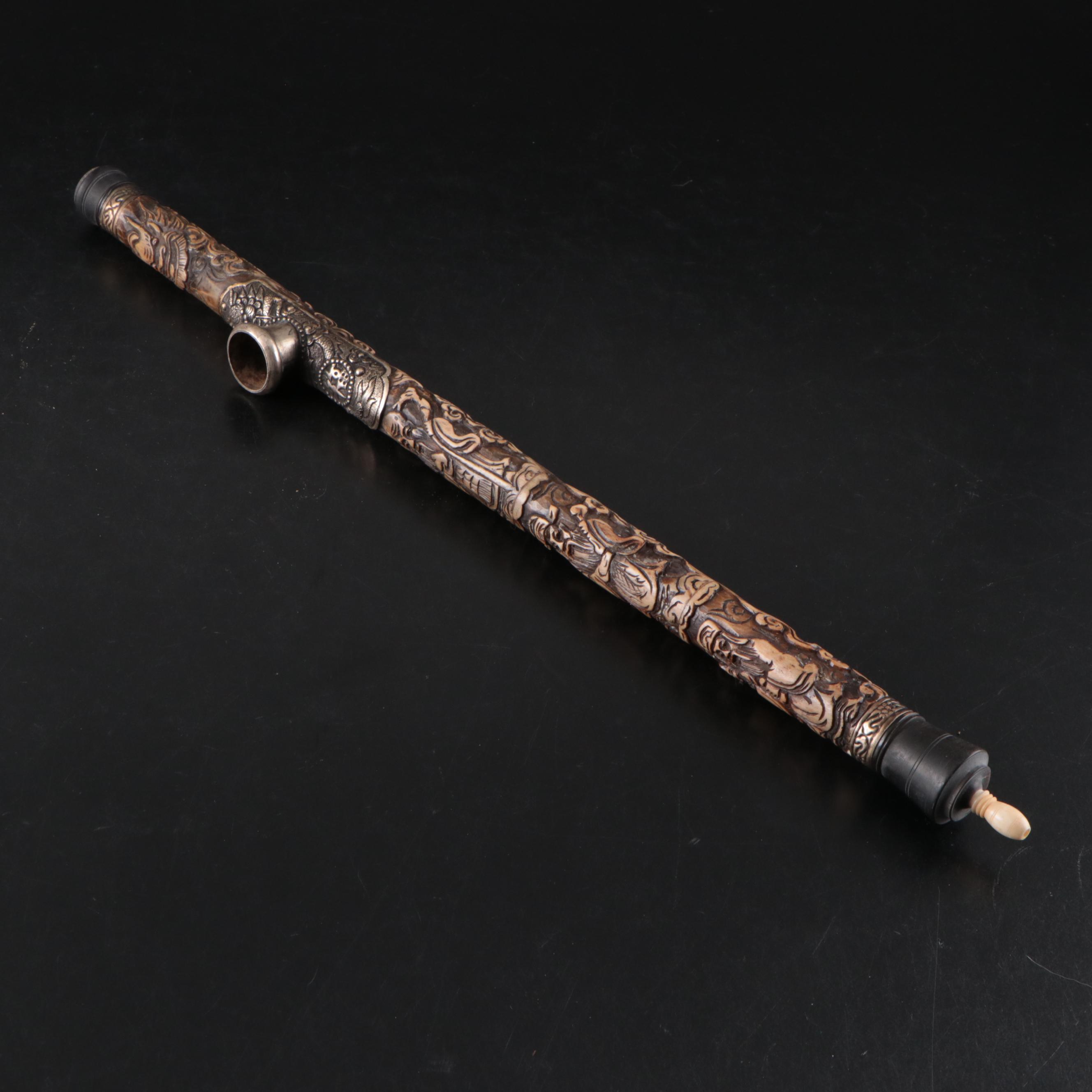 Southern Chinese Carved Bone & Paktong Opium Pipes, Vietnamese Pipe, Clay Bowls