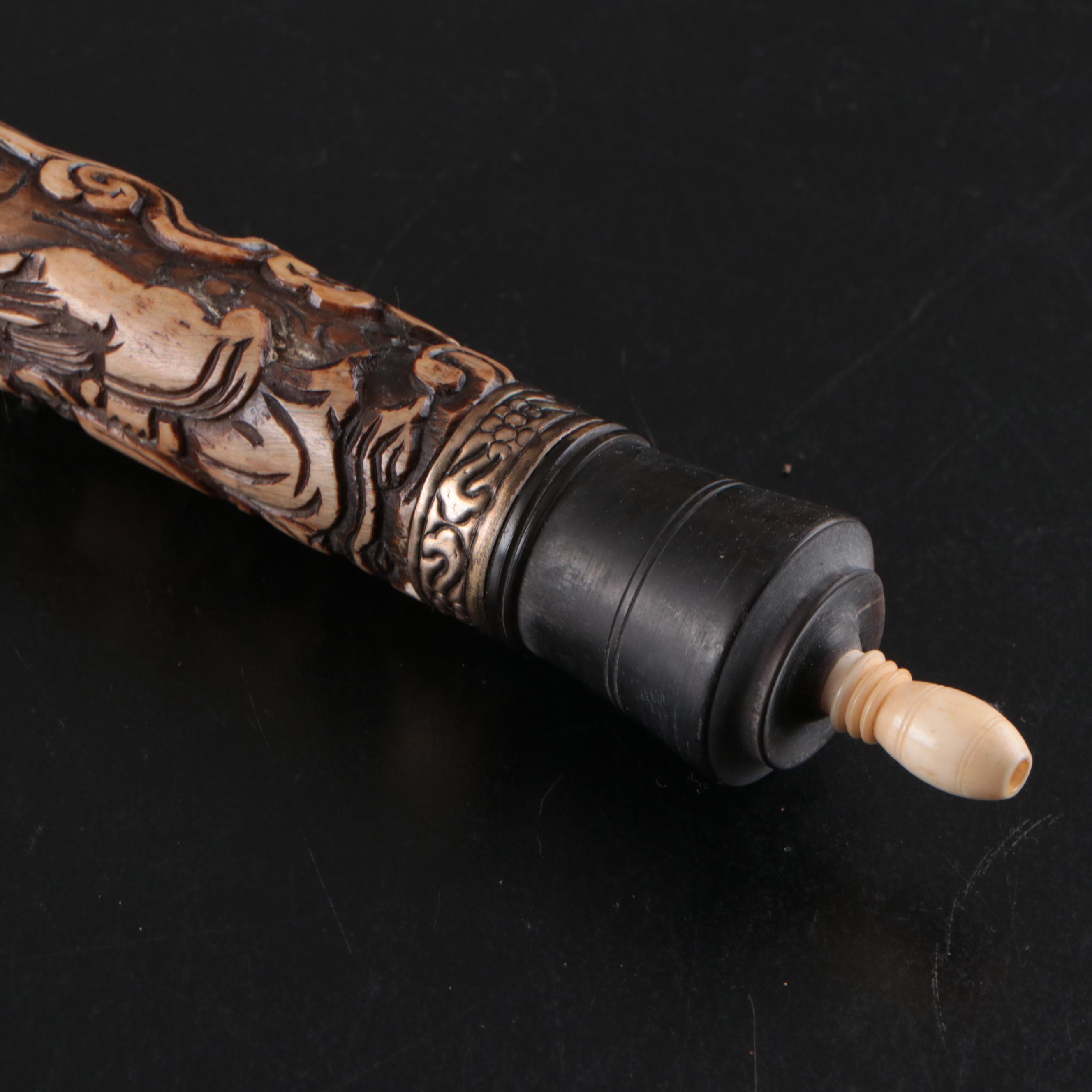 Southern Chinese Carved Bone & Paktong Opium Pipes, Vietnamese Pipe, Clay Bowls