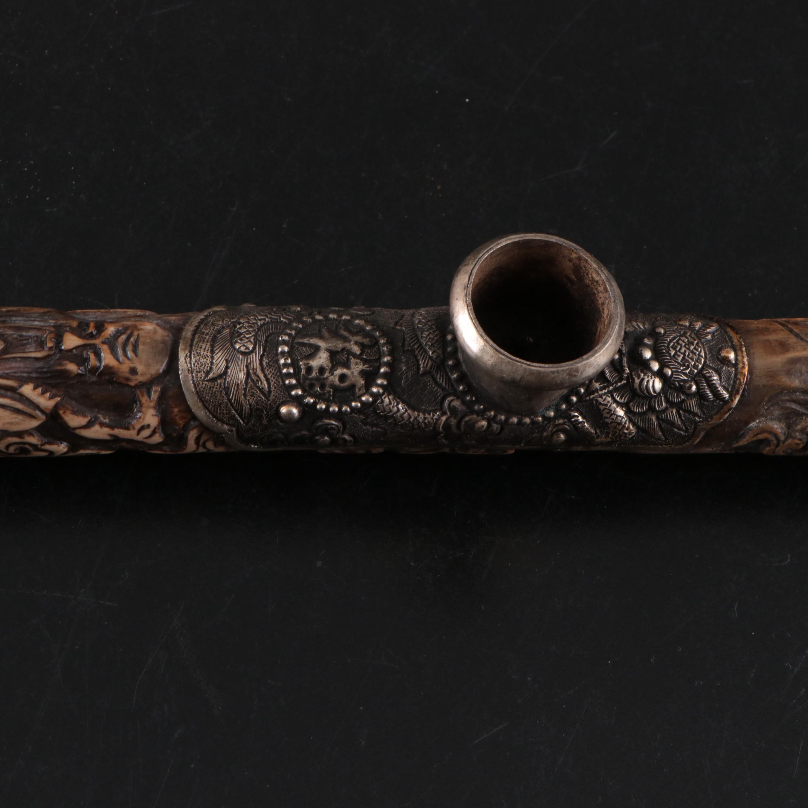 Southern Chinese Carved Bone & Paktong Opium Pipes, Vietnamese Pipe, Clay Bowls