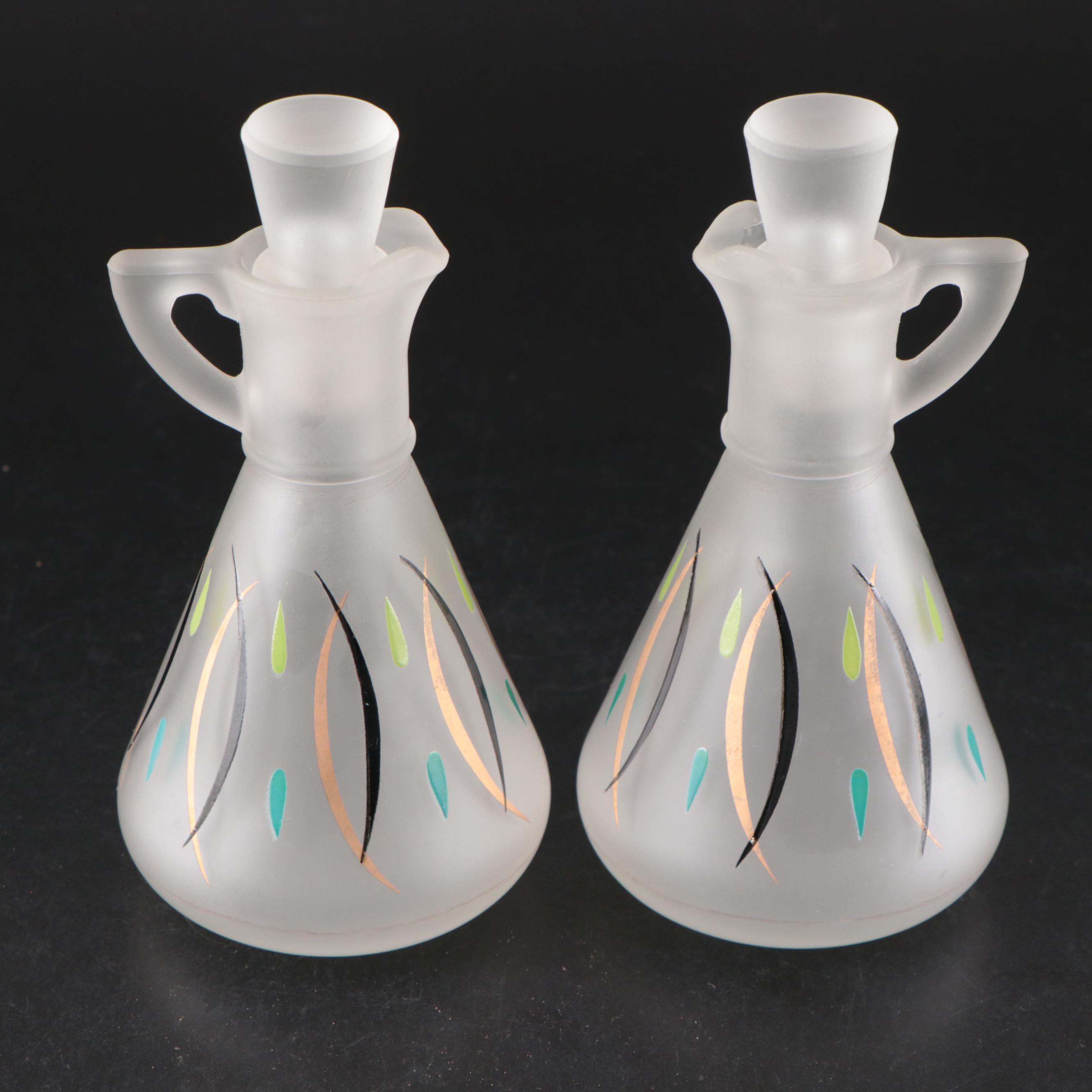 Hazel Atlas Mid Century Modern Frosted Glass Salad Set with Wood Salad Servers