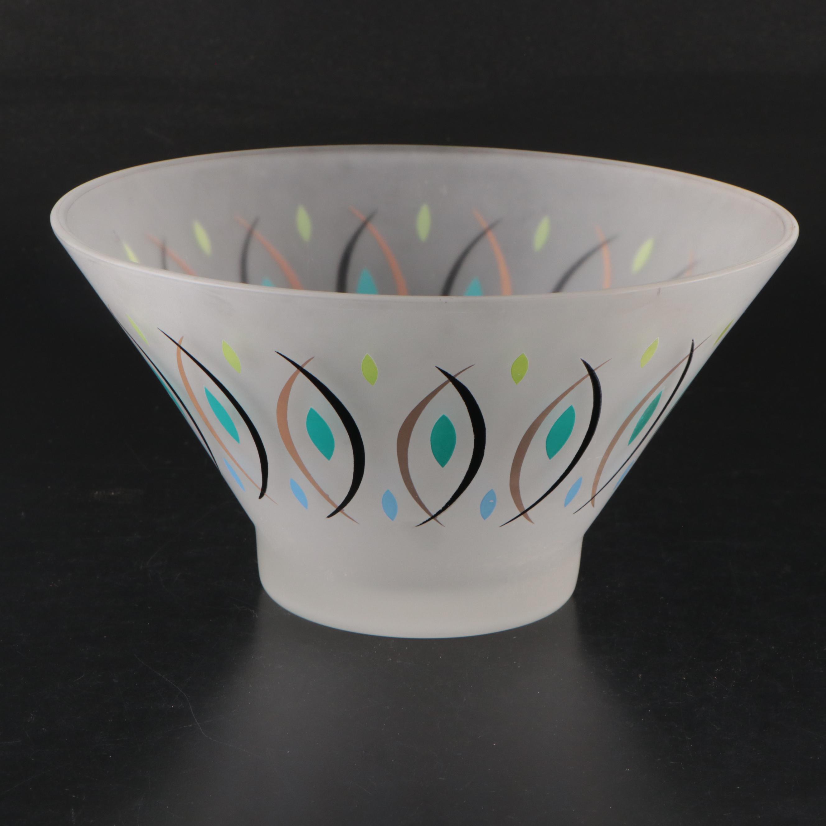 Hazel Atlas Mid Century Modern Frosted Glass Salad Set with Wood Salad Servers