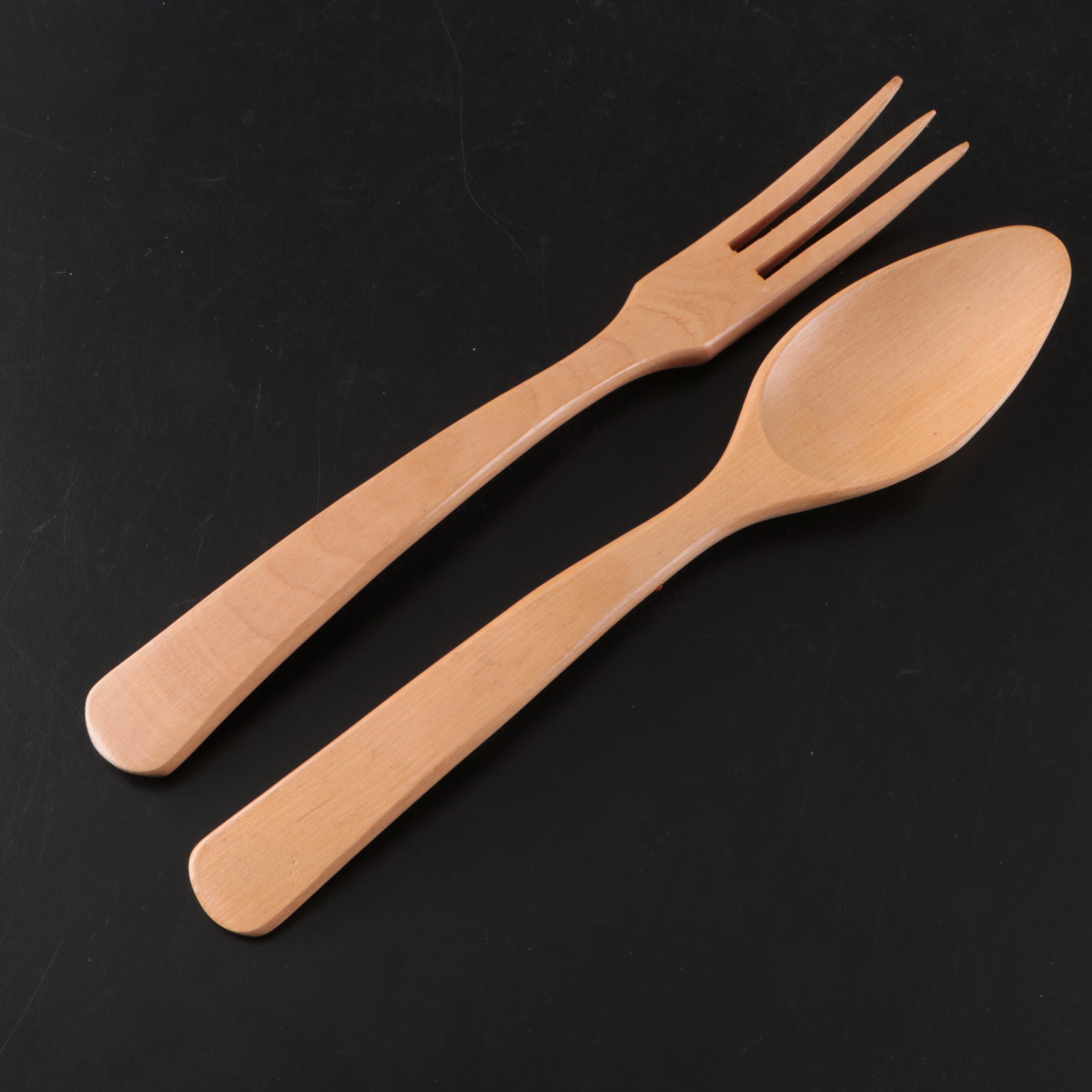 Hazel Atlas Mid Century Modern Frosted Glass Salad Set with Wood Salad Servers