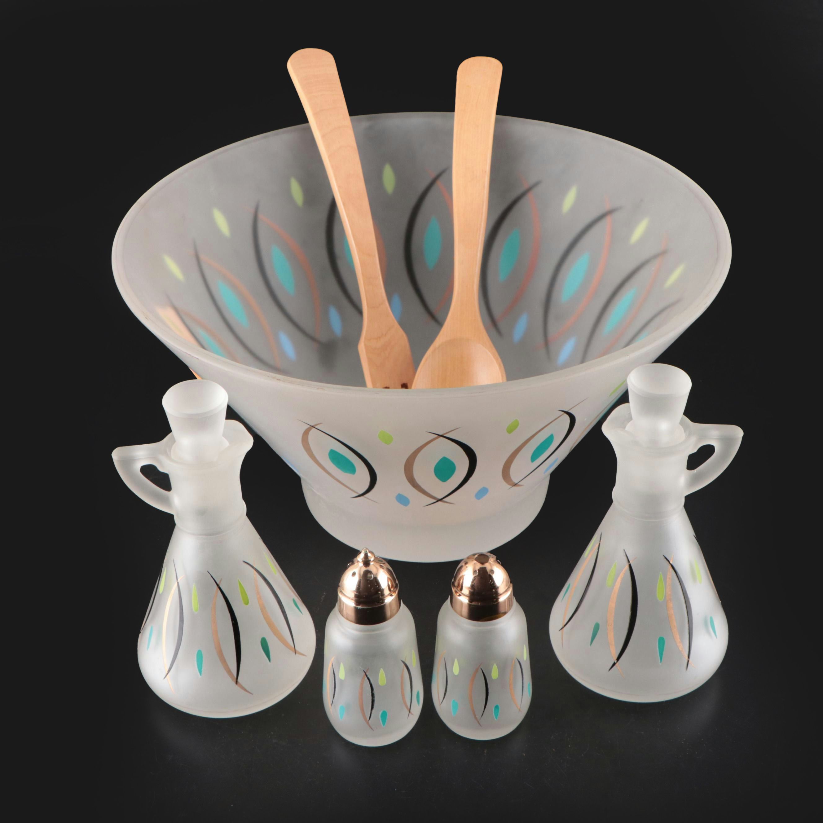 Hazel Atlas Mid Century Modern Frosted Glass Salad Set with Wood Salad Servers