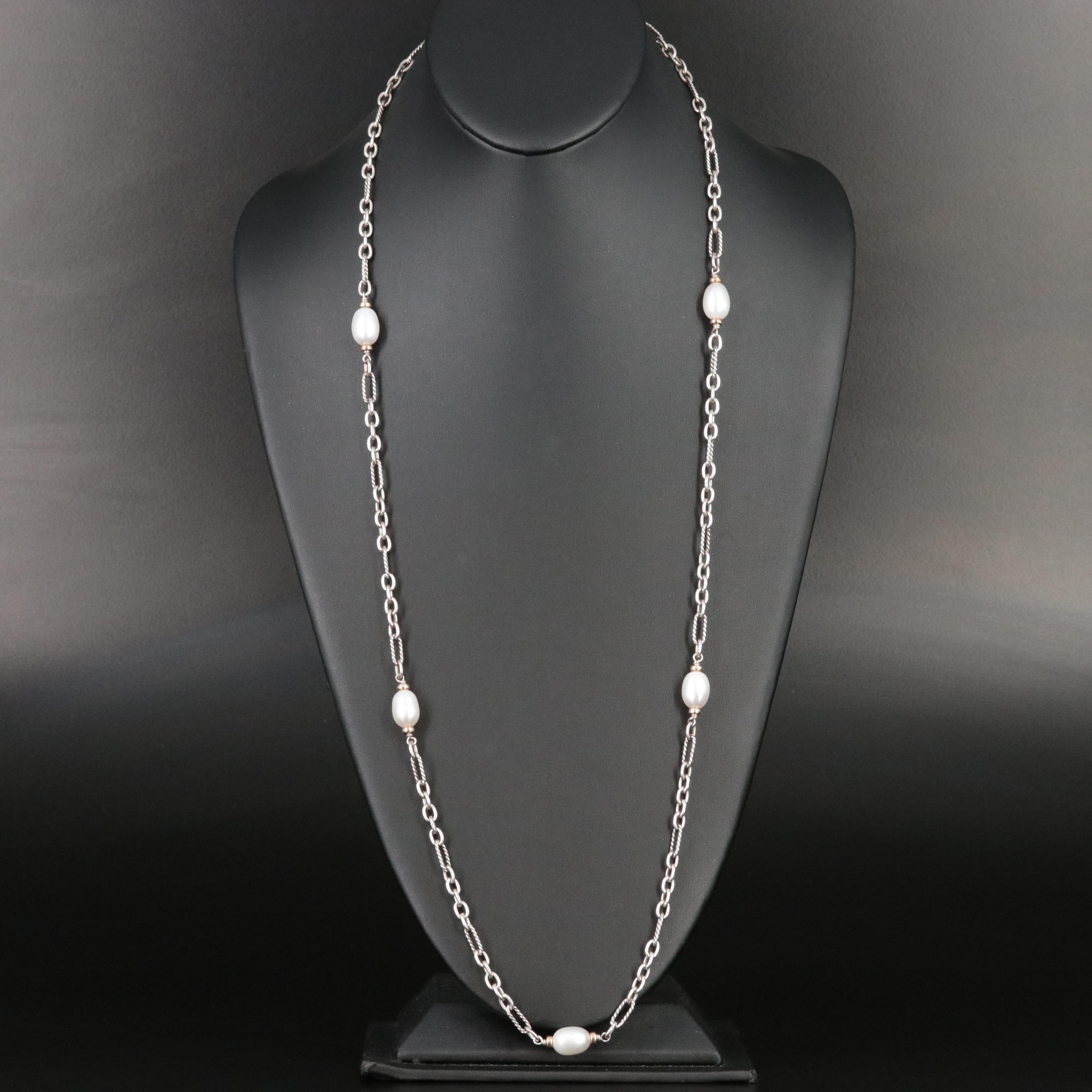 David Yurman Sterling, 18K and Pearl Station Figaro Chain Necklace