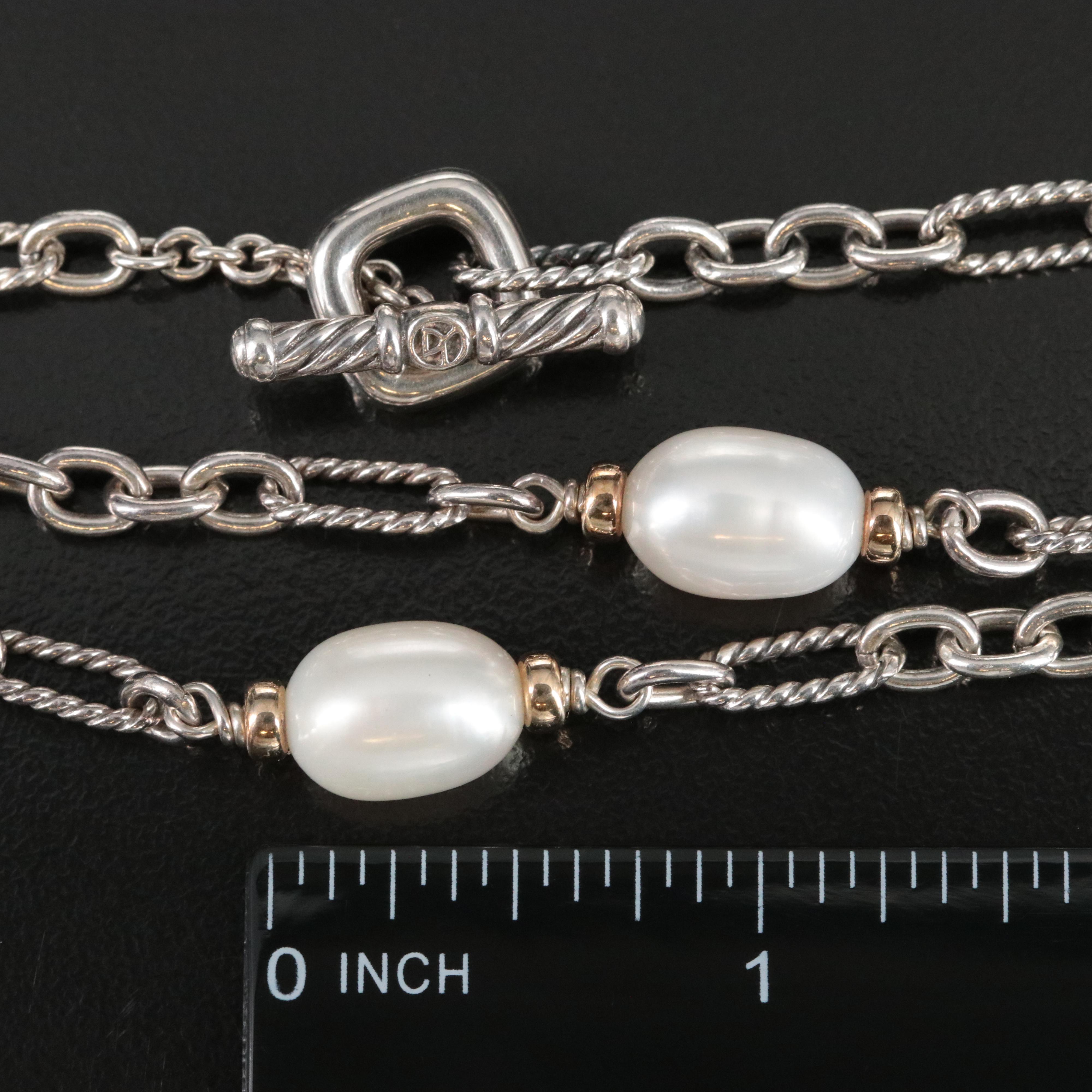 David Yurman Sterling, 18K and Pearl Station Figaro Chain Necklace