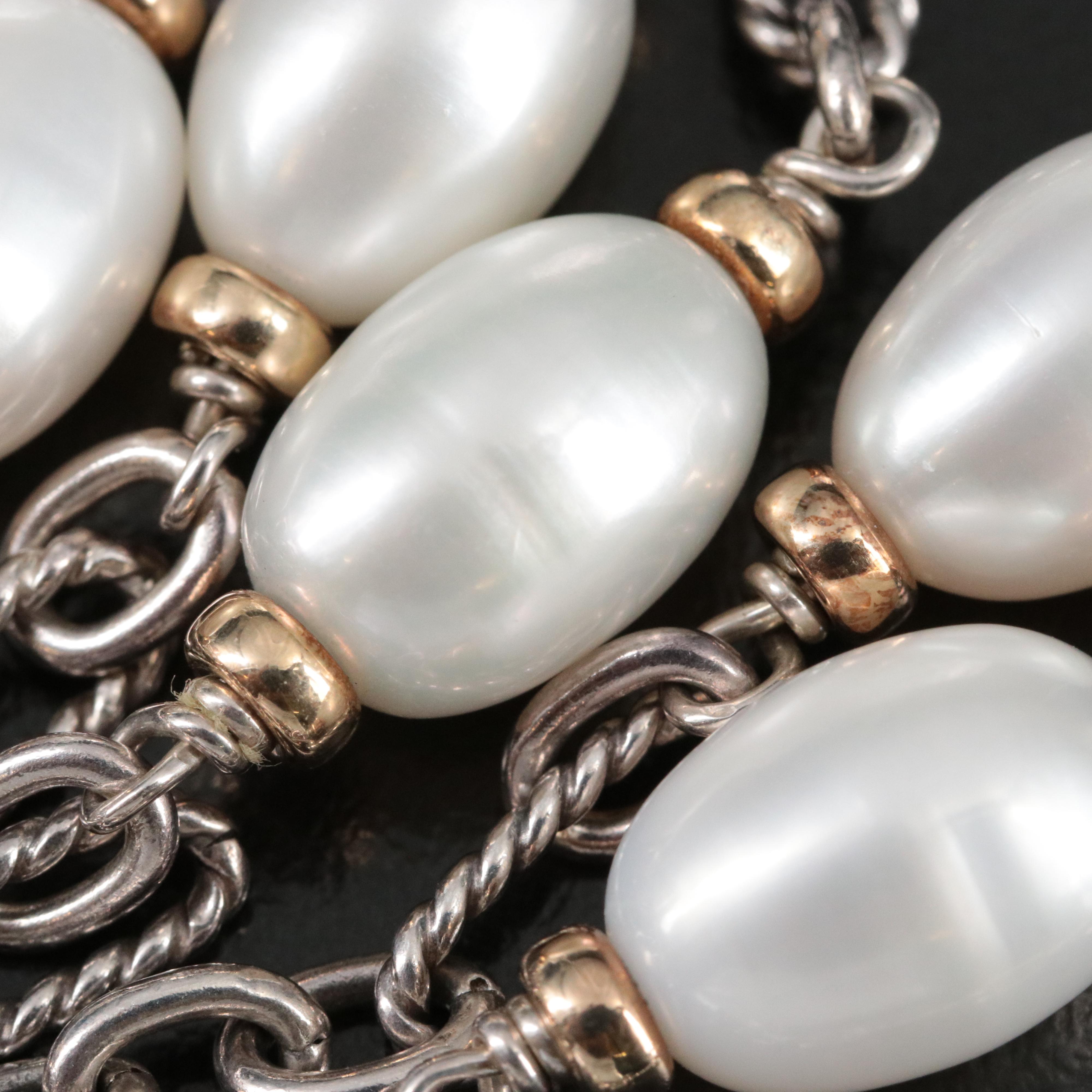 David Yurman Sterling, 18K and Pearl Station Figaro Chain Necklace