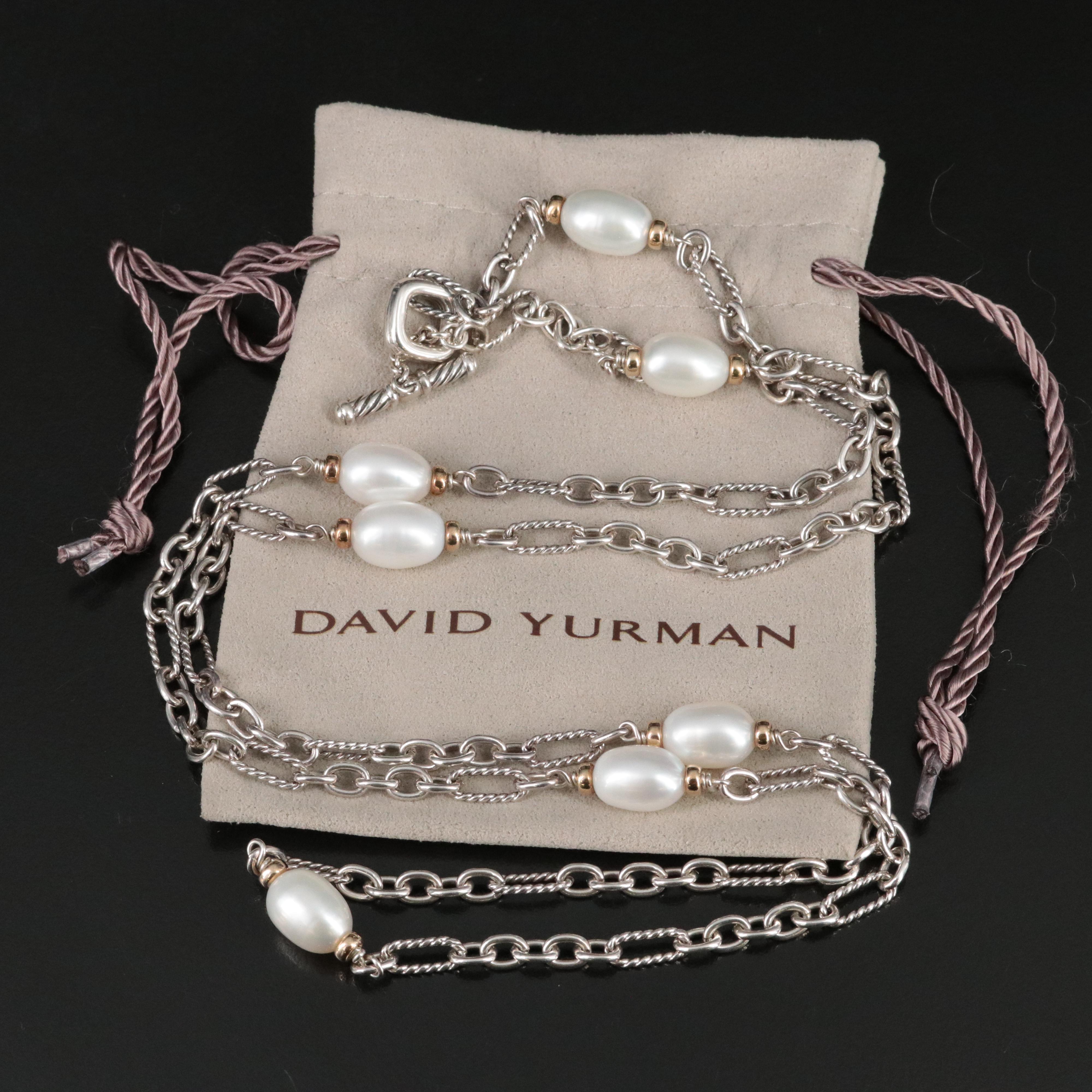 David Yurman Sterling, 18K and Pearl Station Figaro Chain Necklace