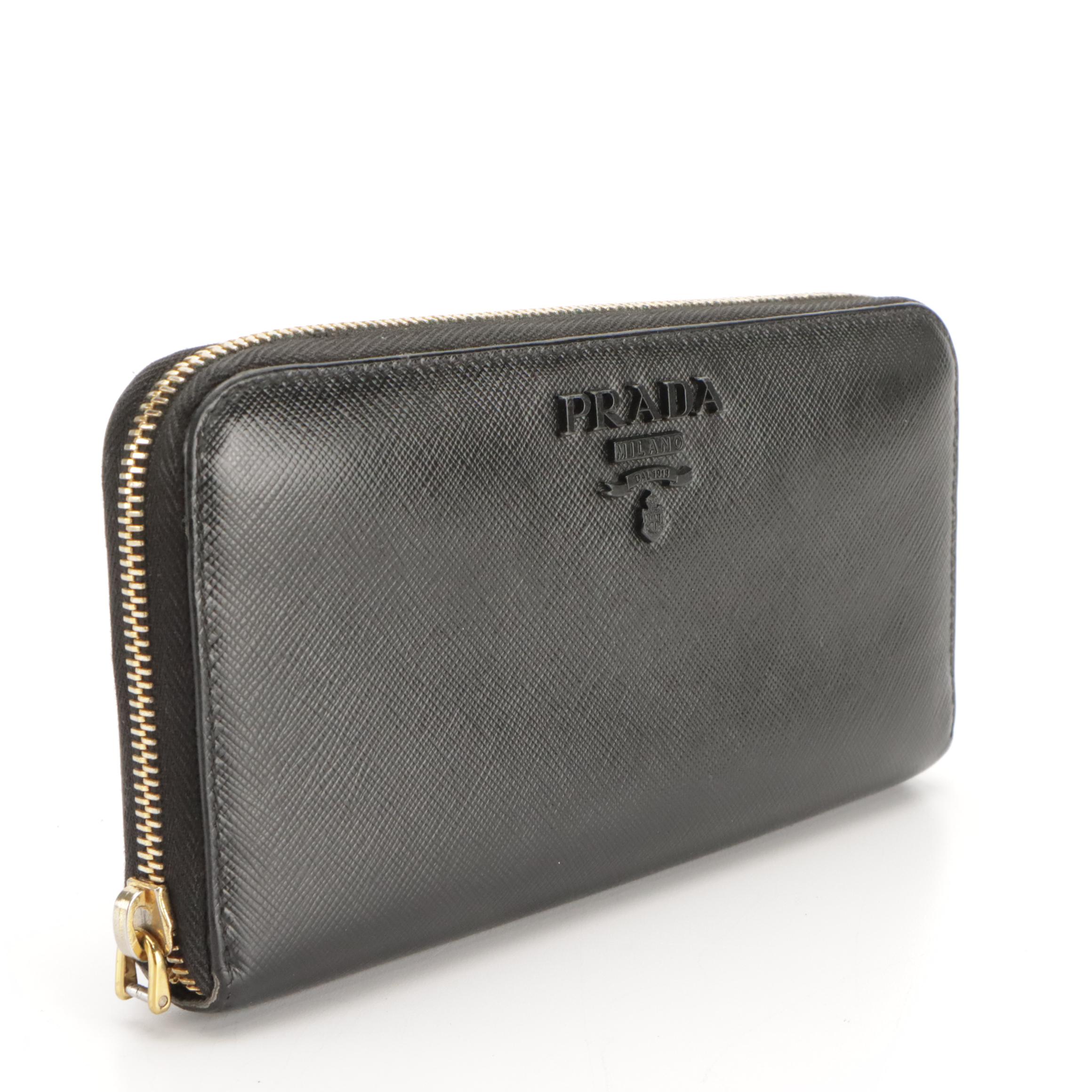 Prada Black Saffiano Leather Zip-Around Wallet