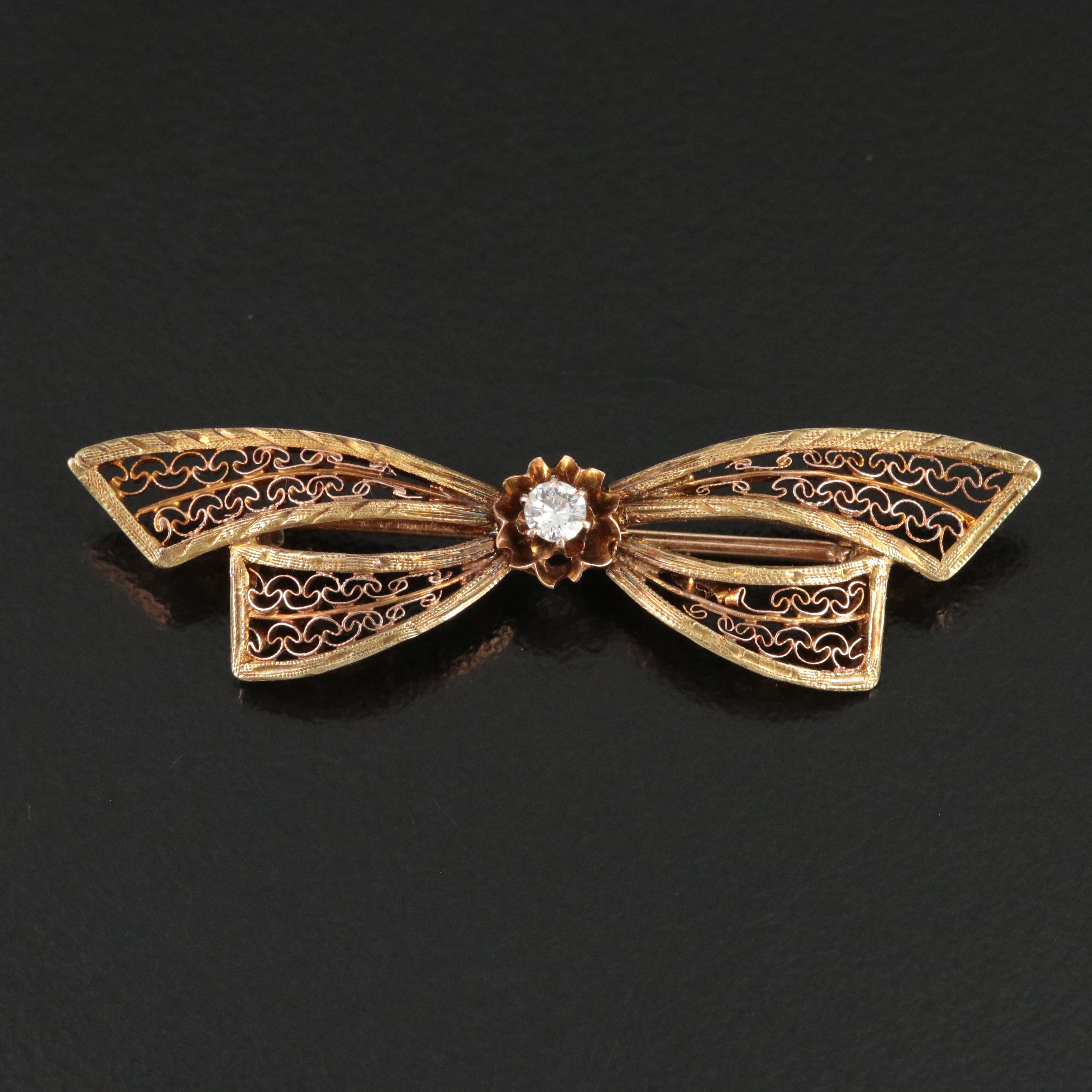 Antique 14K 0.10 CT Diamond Filigree Ribbon Brooch
