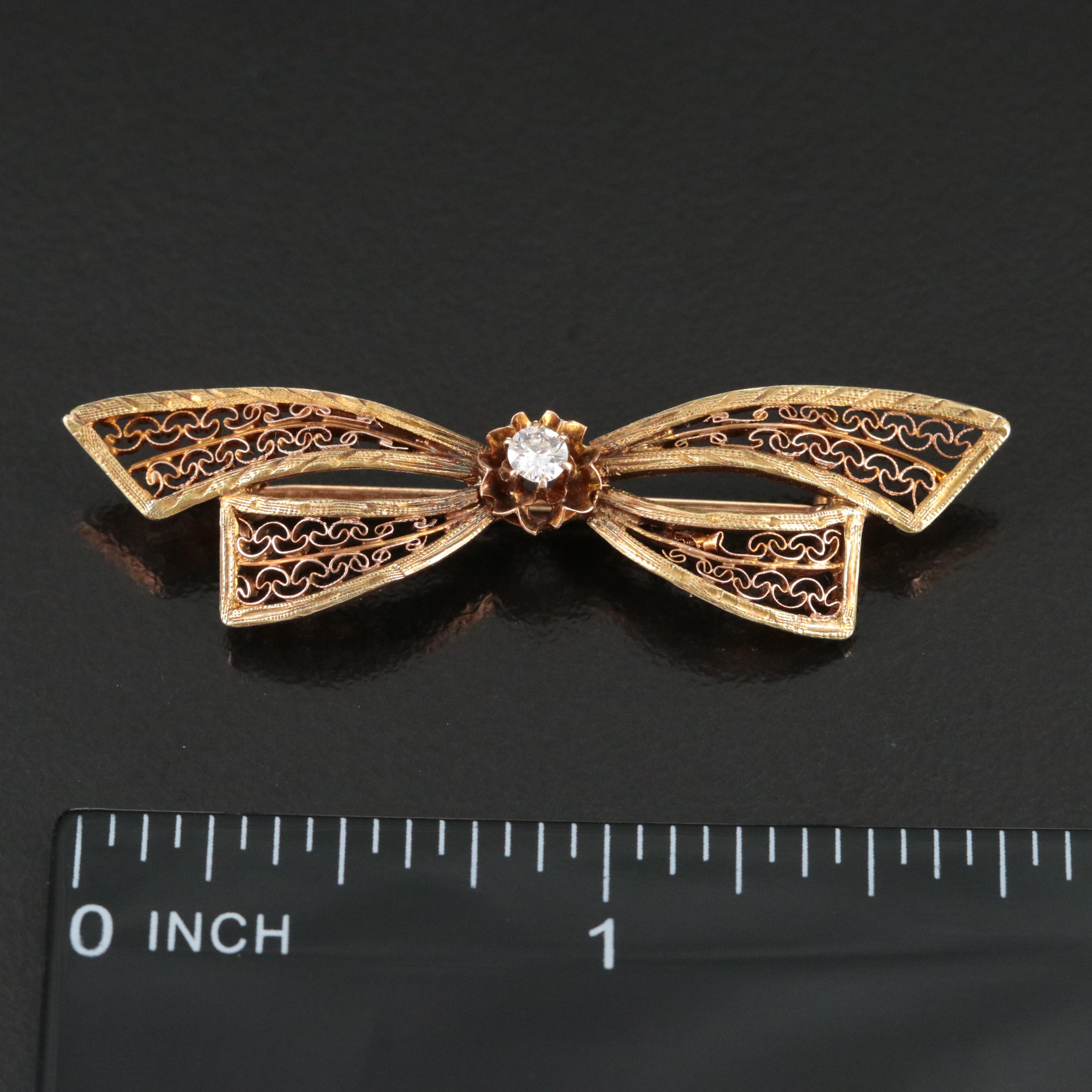 Antique 14K 0.10 CT Diamond Filigree Ribbon Brooch