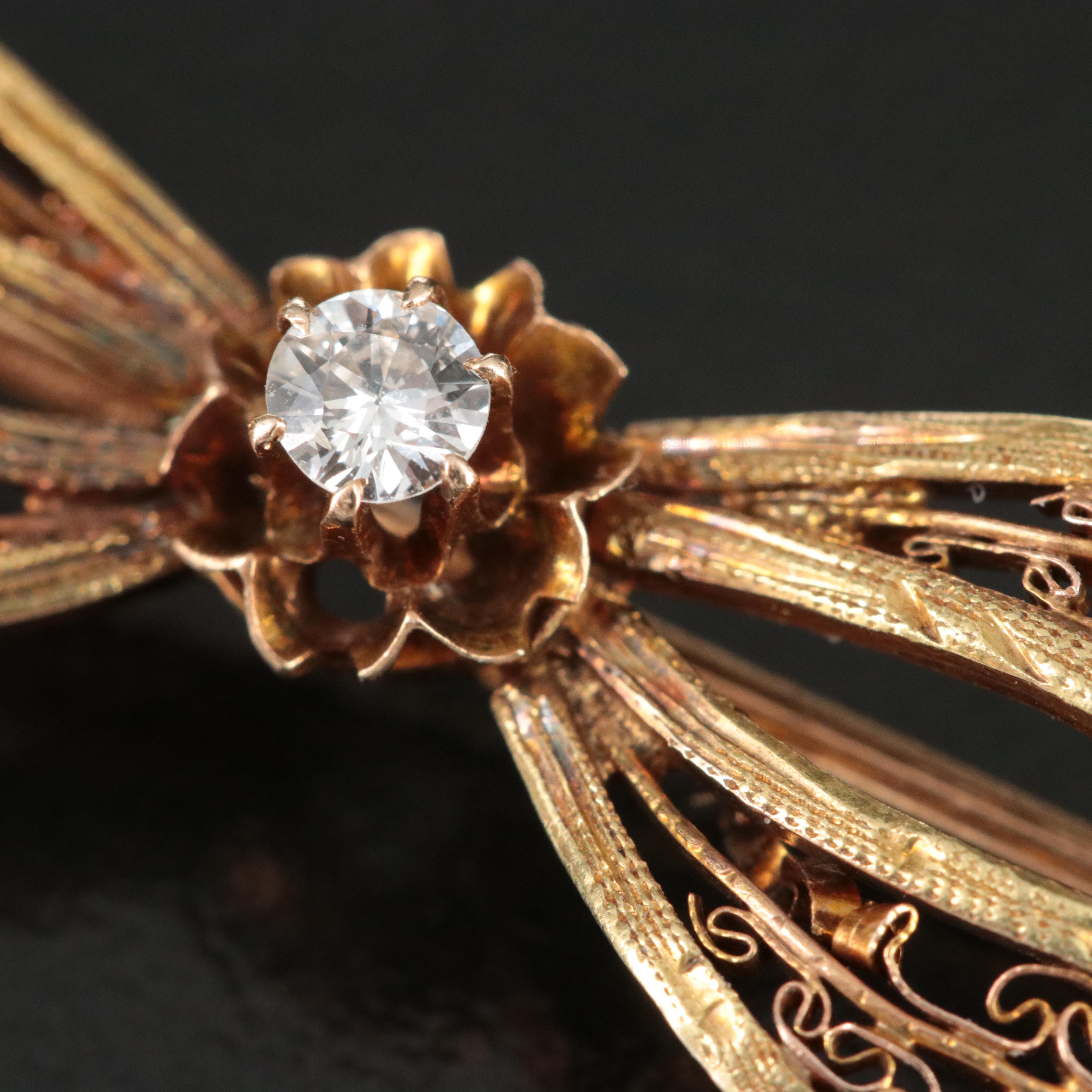 Antique 14K 0.10 CT Diamond Filigree Ribbon Brooch