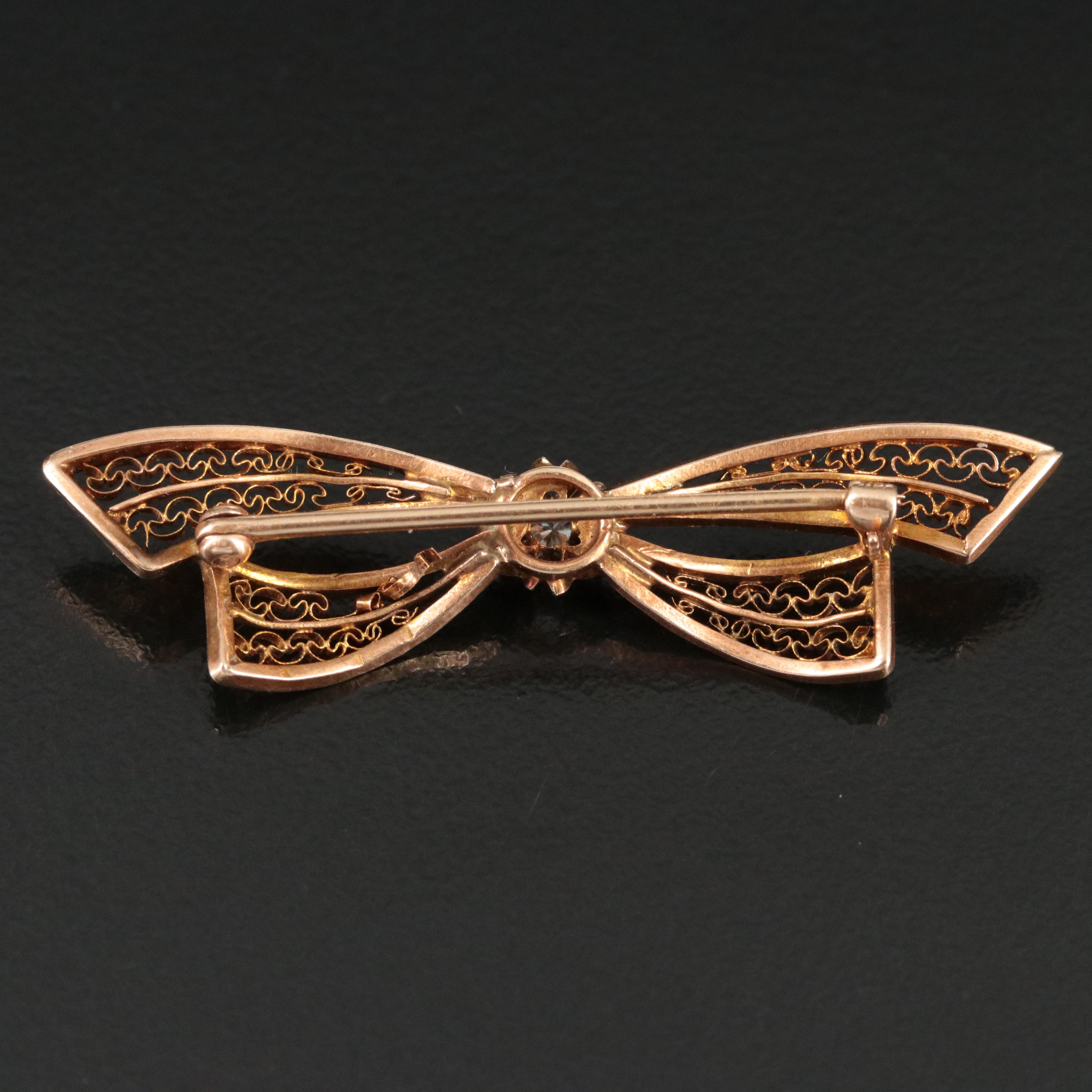 Antique 14K 0.10 CT Diamond Filigree Ribbon Brooch