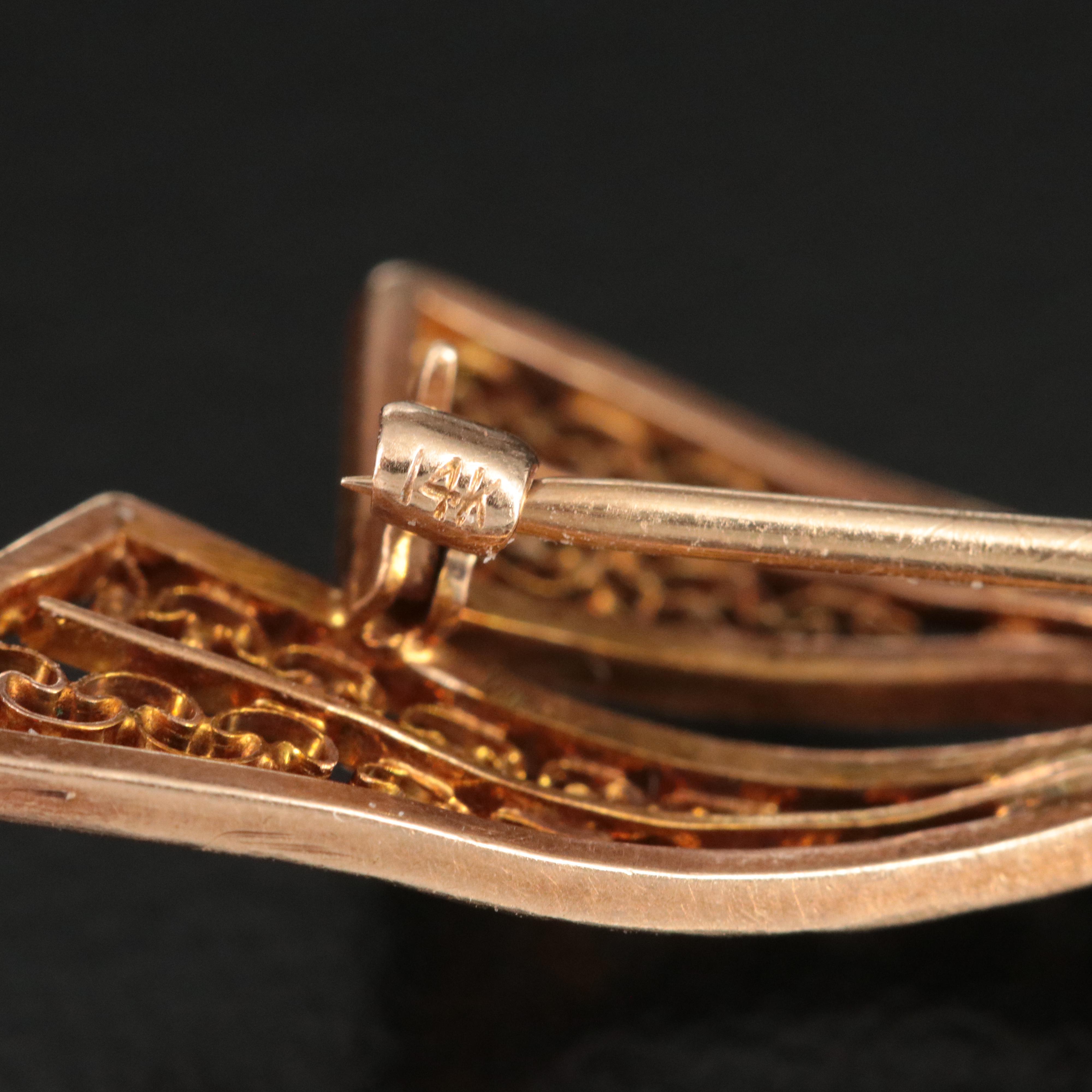 Antique 14K 0.10 CT Diamond Filigree Ribbon Brooch