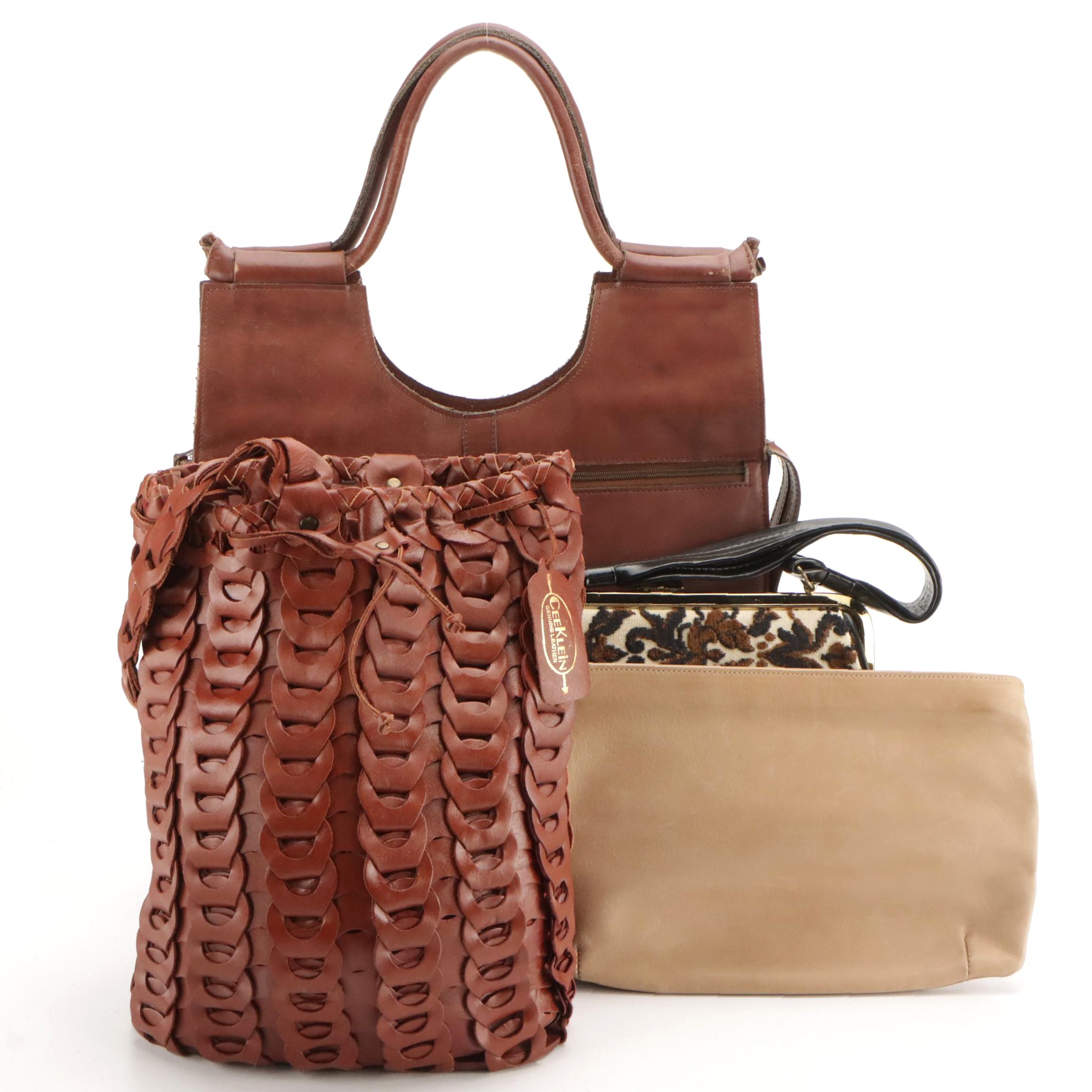 Vintage Carpet Top Handle Bag with Leather Clutches, Tote Bag and Sling Bag