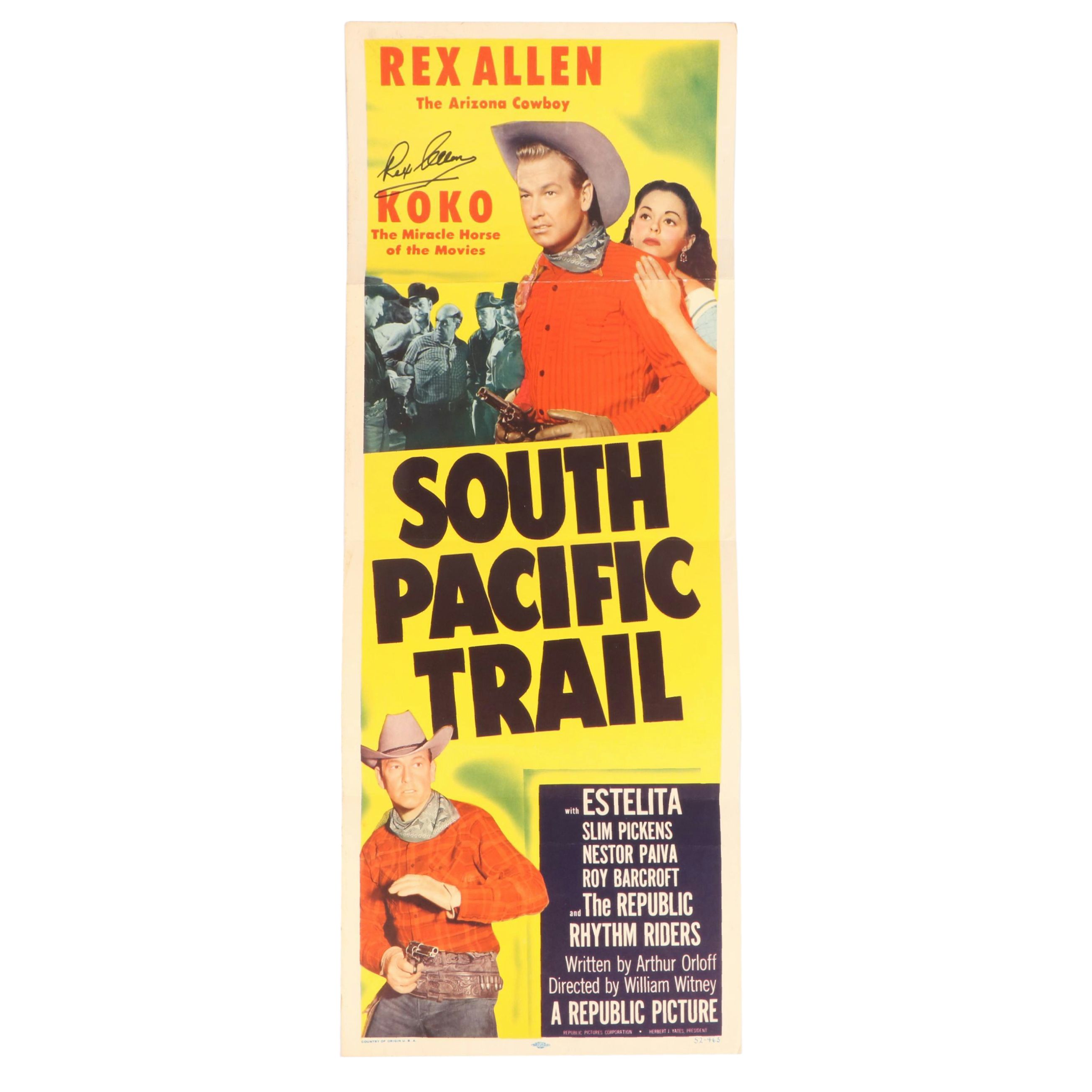 Rex Allen Signed "South Pacific Trail" Movie Poster, Mid 20th Century