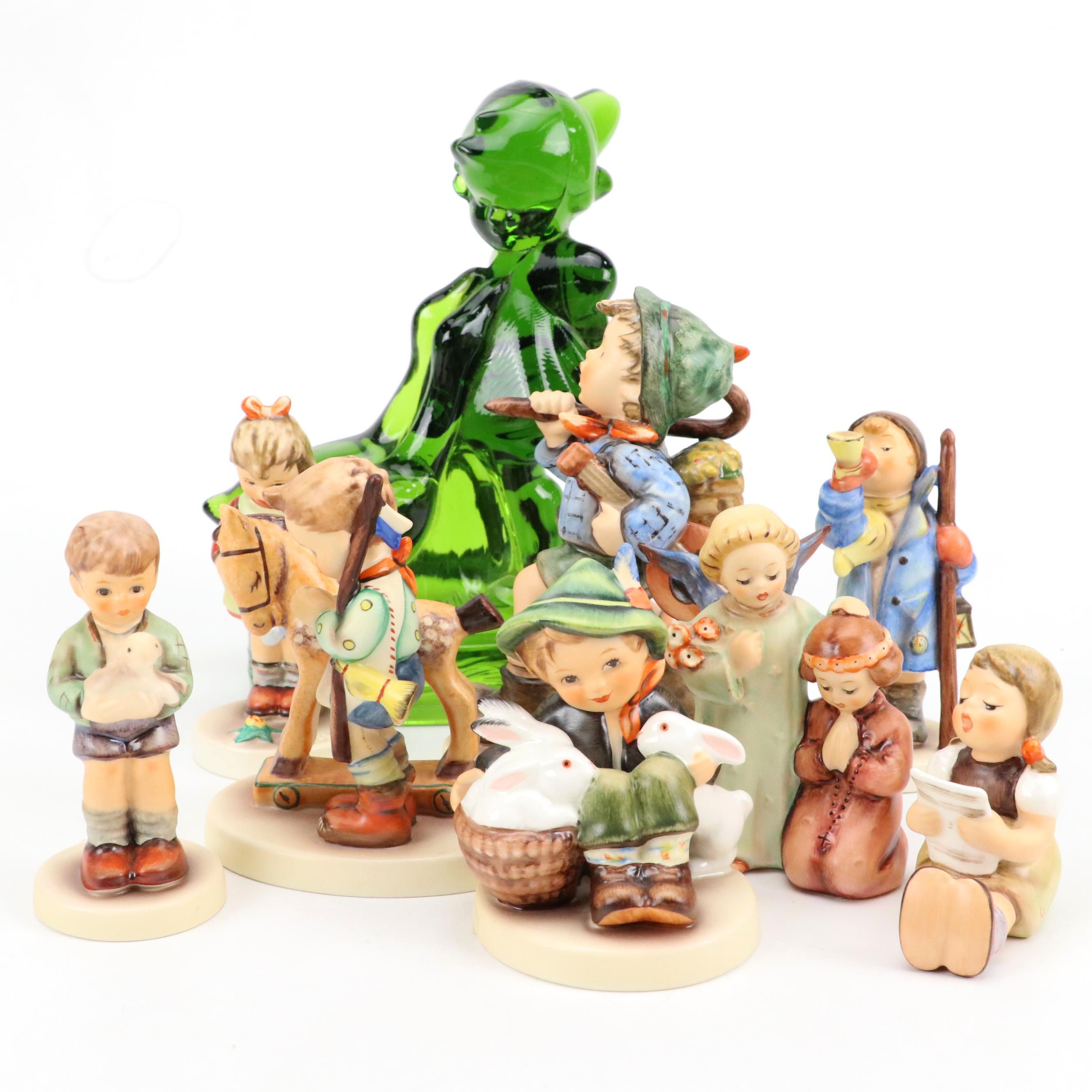 L. E. Smith Hummel Goose Girl Glass Figurine with Other Ceramic Hummel Figurines