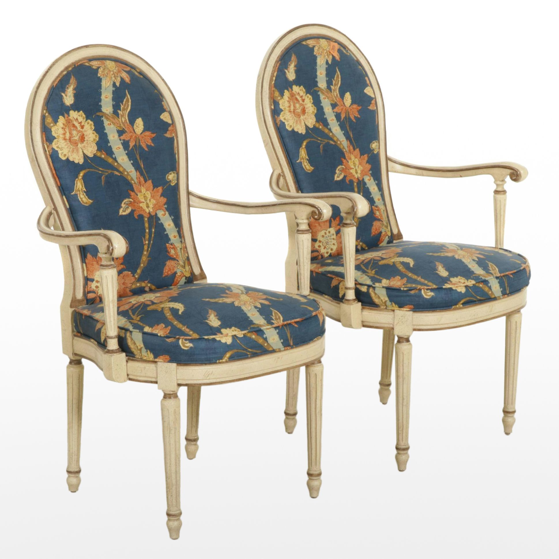 Louis XVI Style Painted Wood Accent Chairs With Floral Upholstery