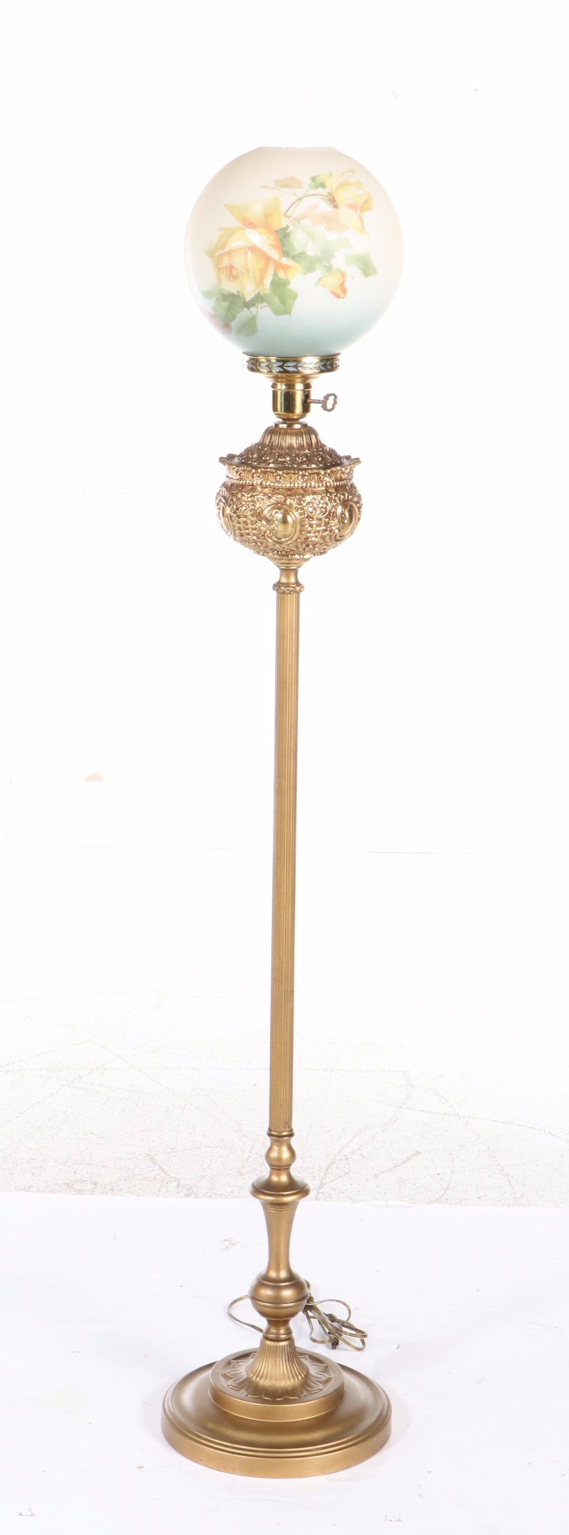 Victorian Gilt Brass with Painted Metal Oil Piano Lamp, Adapted Mid-20th C.