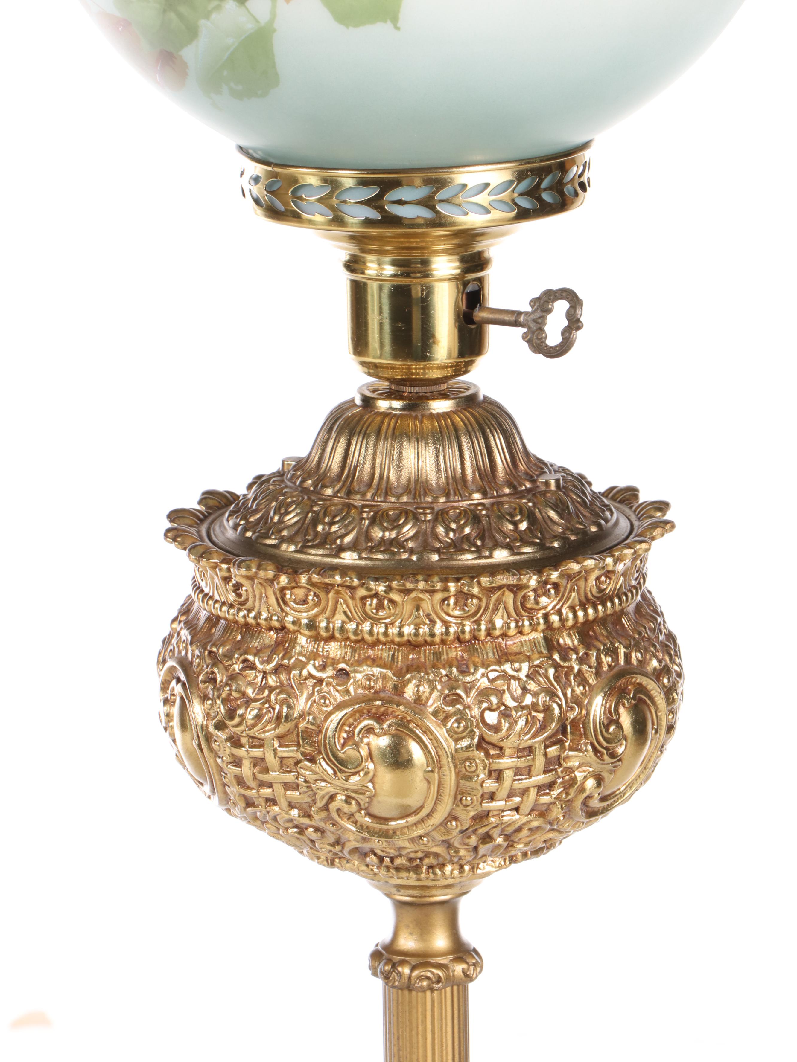 Victorian Gilt Brass with Painted Metal Oil Piano Lamp, Adapted Mid-20th C.