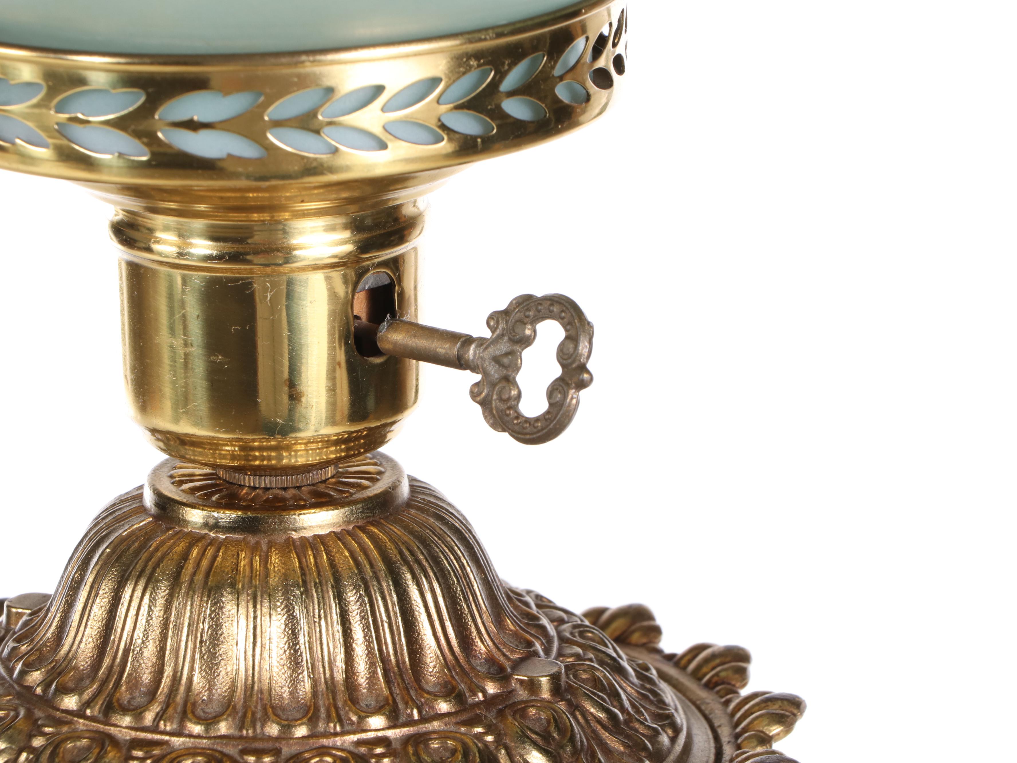 Victorian Gilt Brass with Painted Metal Oil Piano Lamp, Adapted Mid-20th C.