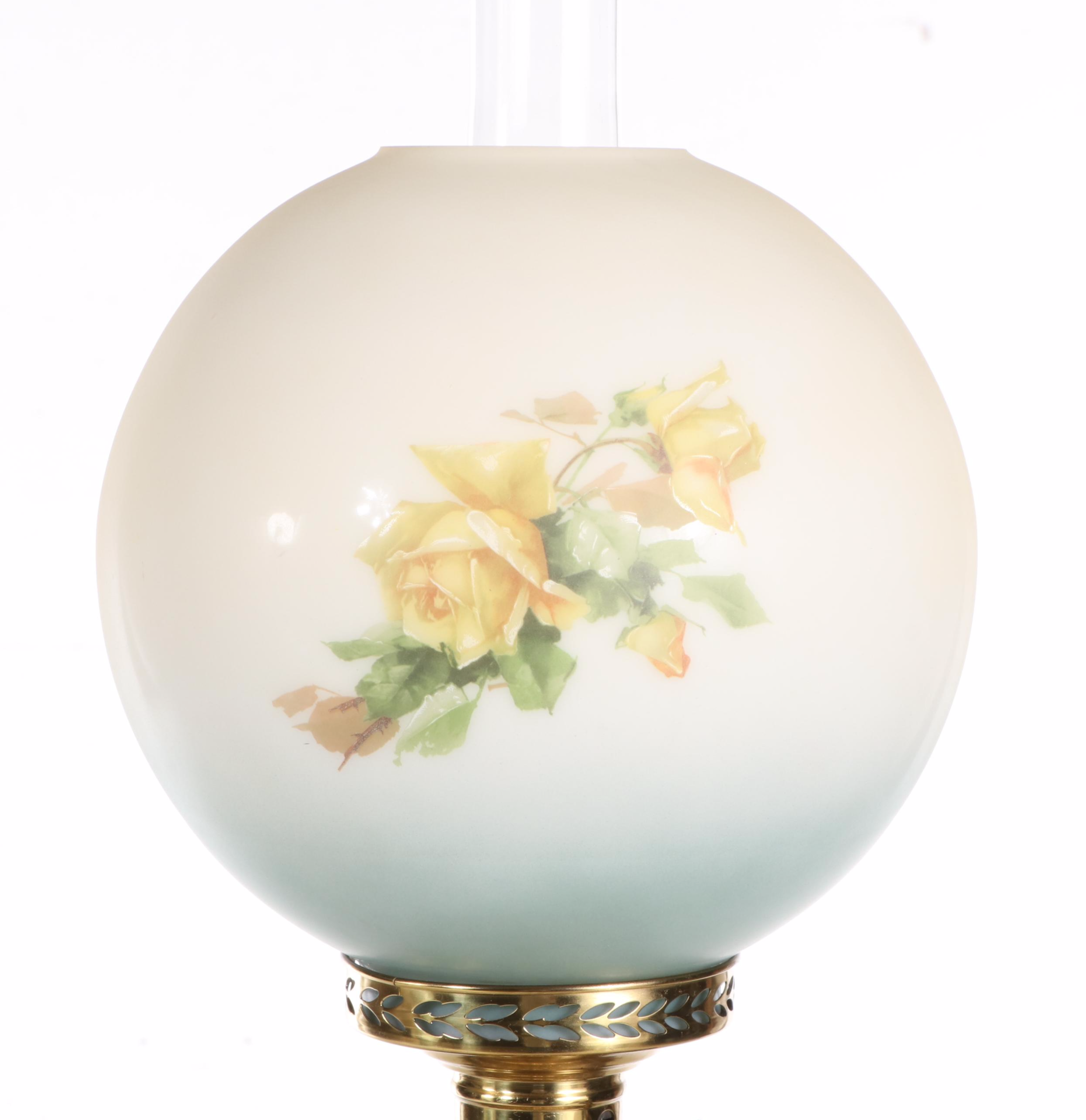 Victorian Gilt Brass with Painted Metal Oil Piano Lamp, Adapted Mid-20th C.