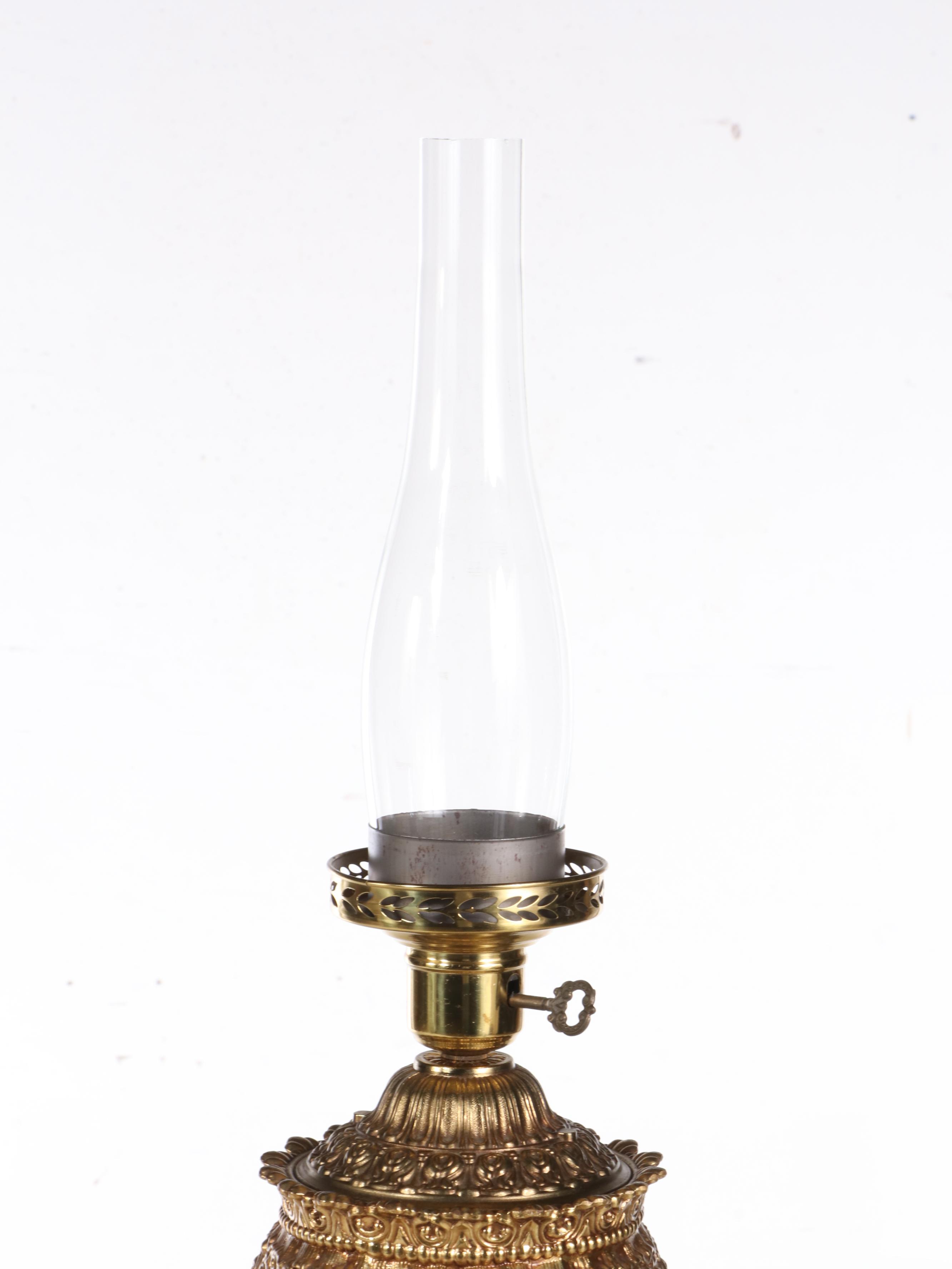 Victorian Gilt Brass with Painted Metal Oil Piano Lamp, Adapted Mid-20th C.