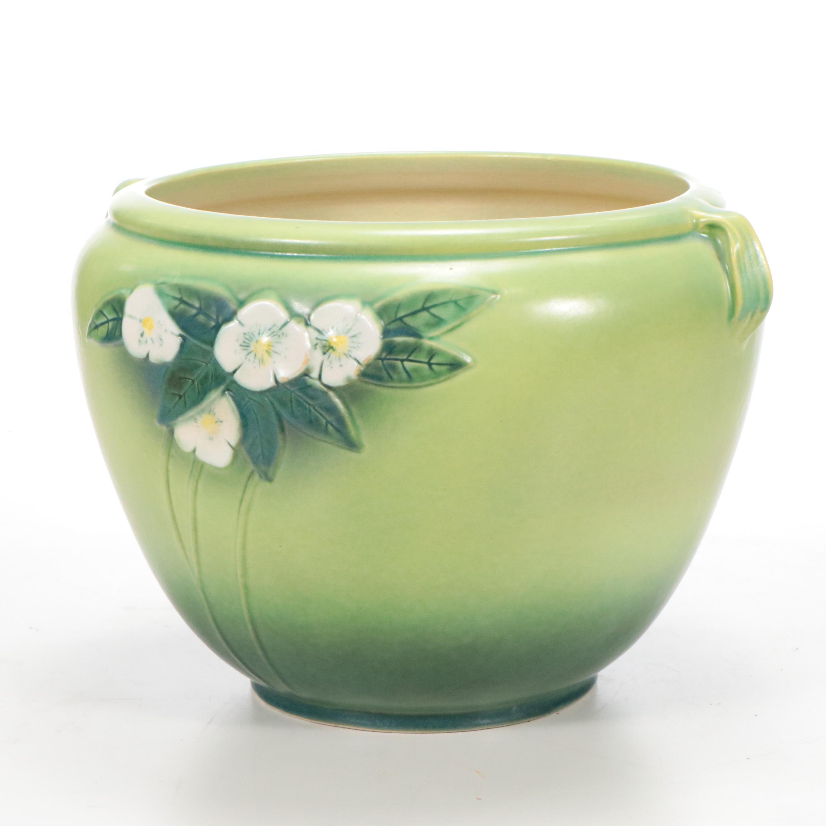 Roseville Pottery "Mock Orange" Green Glazed Ceramic Jardinière and Pedestal