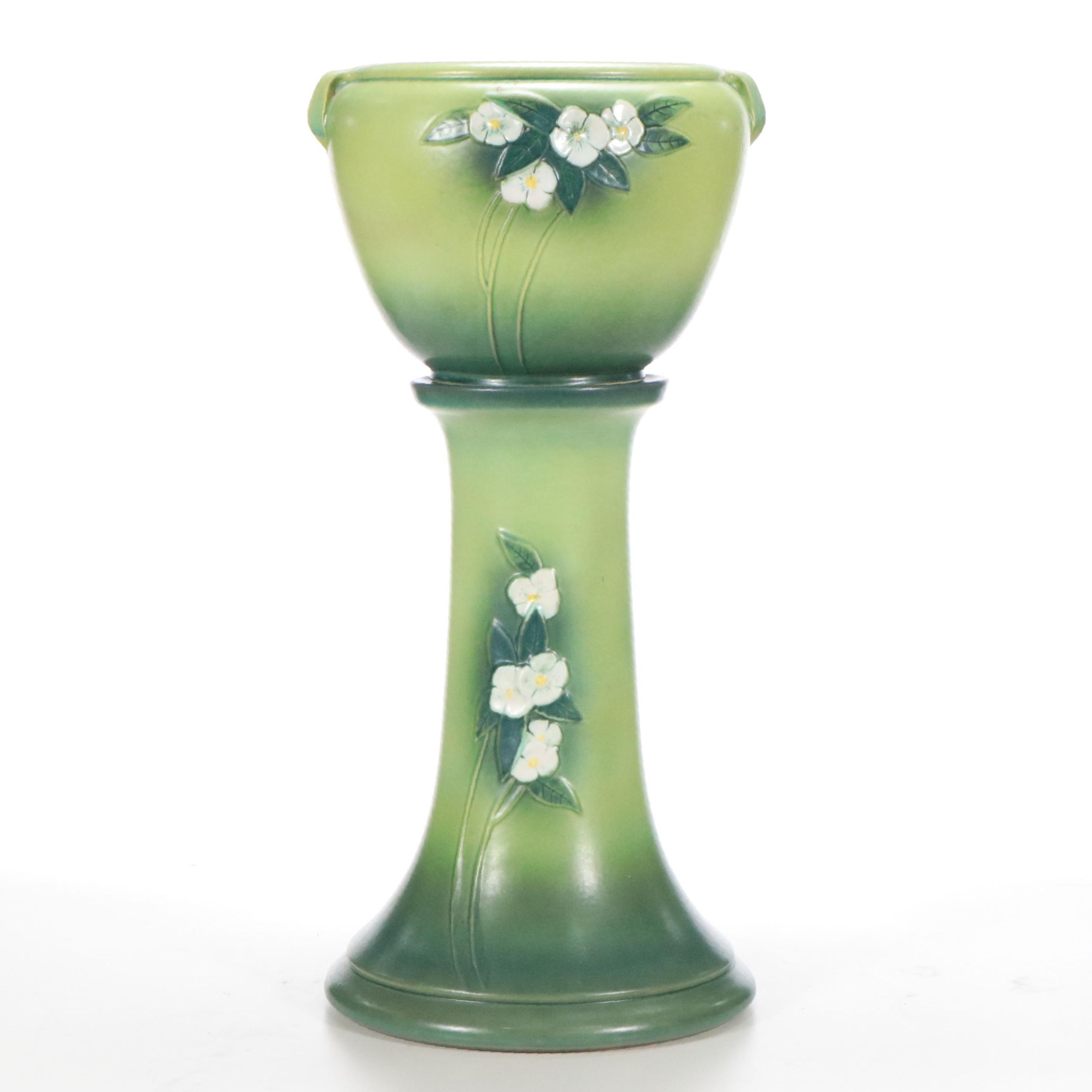 Roseville Pottery "Mock Orange" Green Glazed Ceramic Jardinière and Pedestal