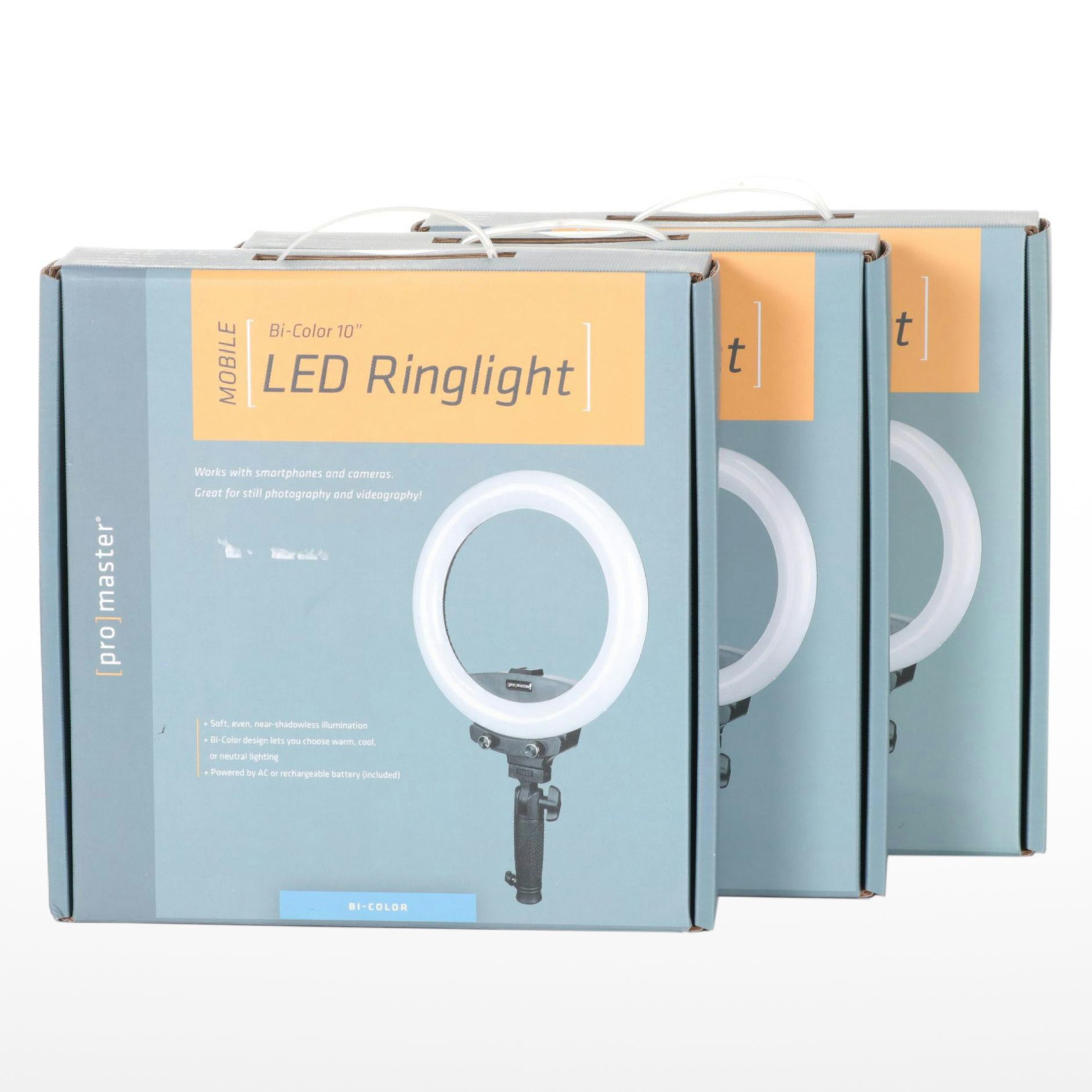 Three ProMaster Mobile 10" Bi-Color LED Ringlights