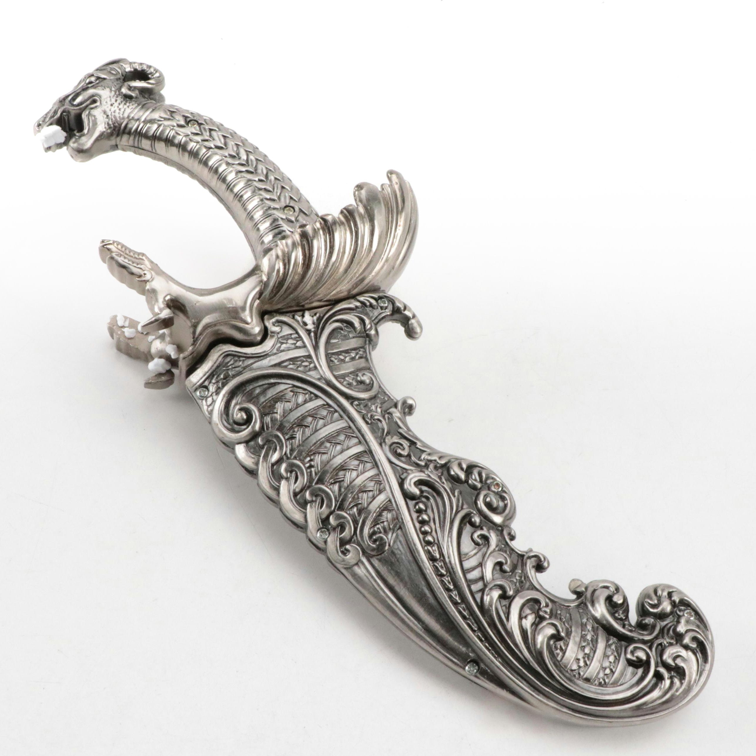 Satin Stainless Dragon-Themed Fantasy Curved Knife with Custom Sheath