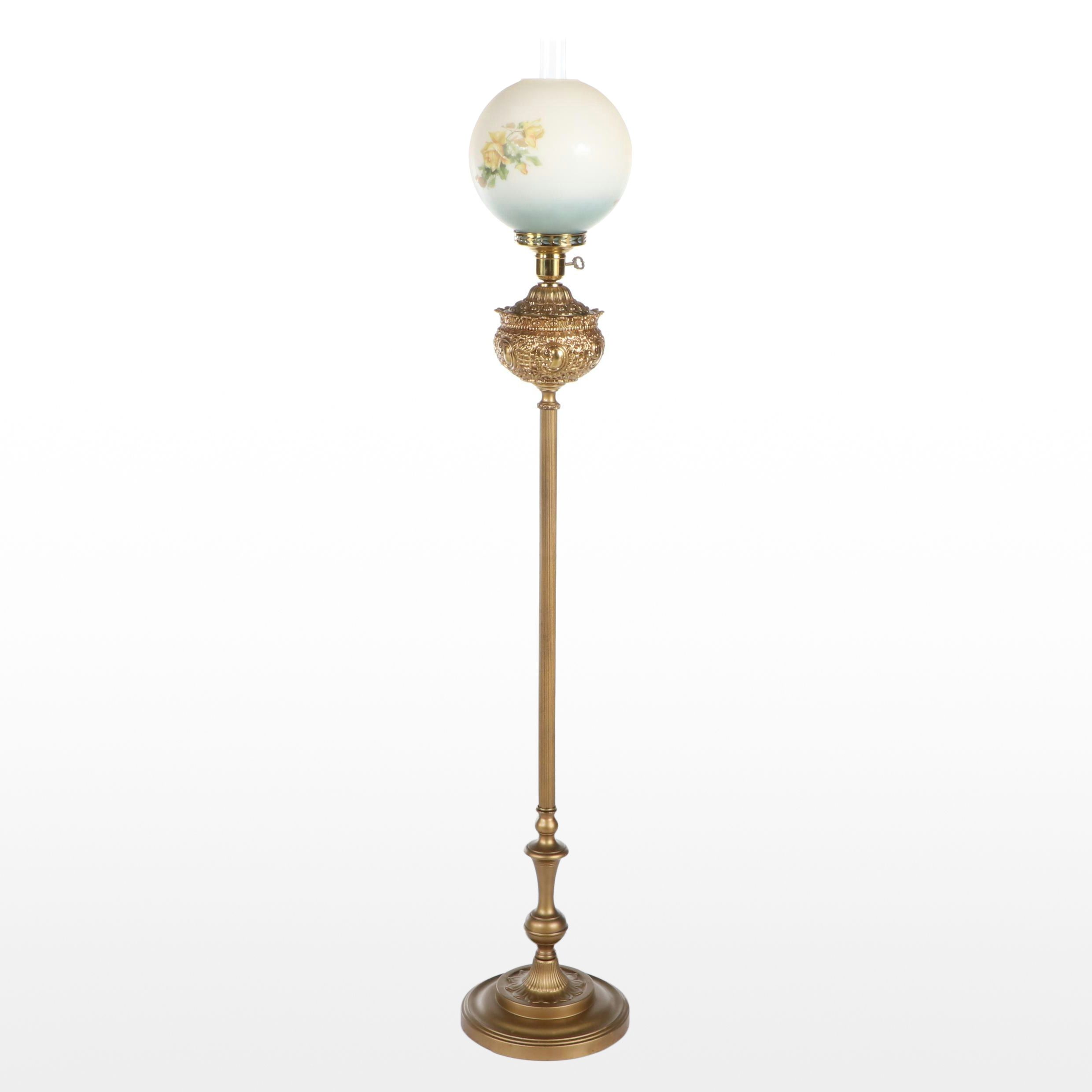 Victorian Gilt Brass with Painted Metal Oil Piano Lamp, Adapted Mid-20th C.