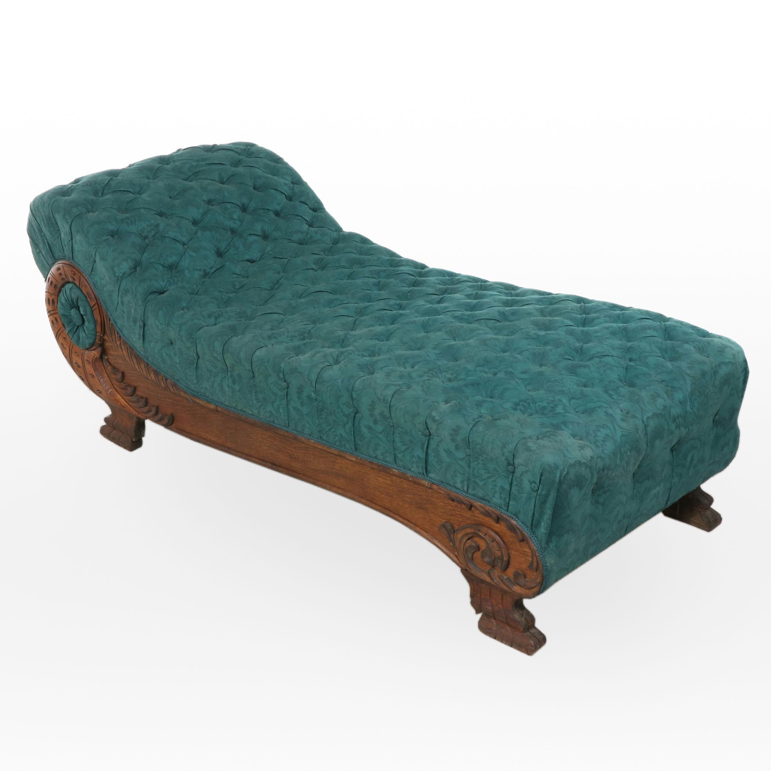 Victorian Button-Tufted Carved Oak Chaise, 19th Century