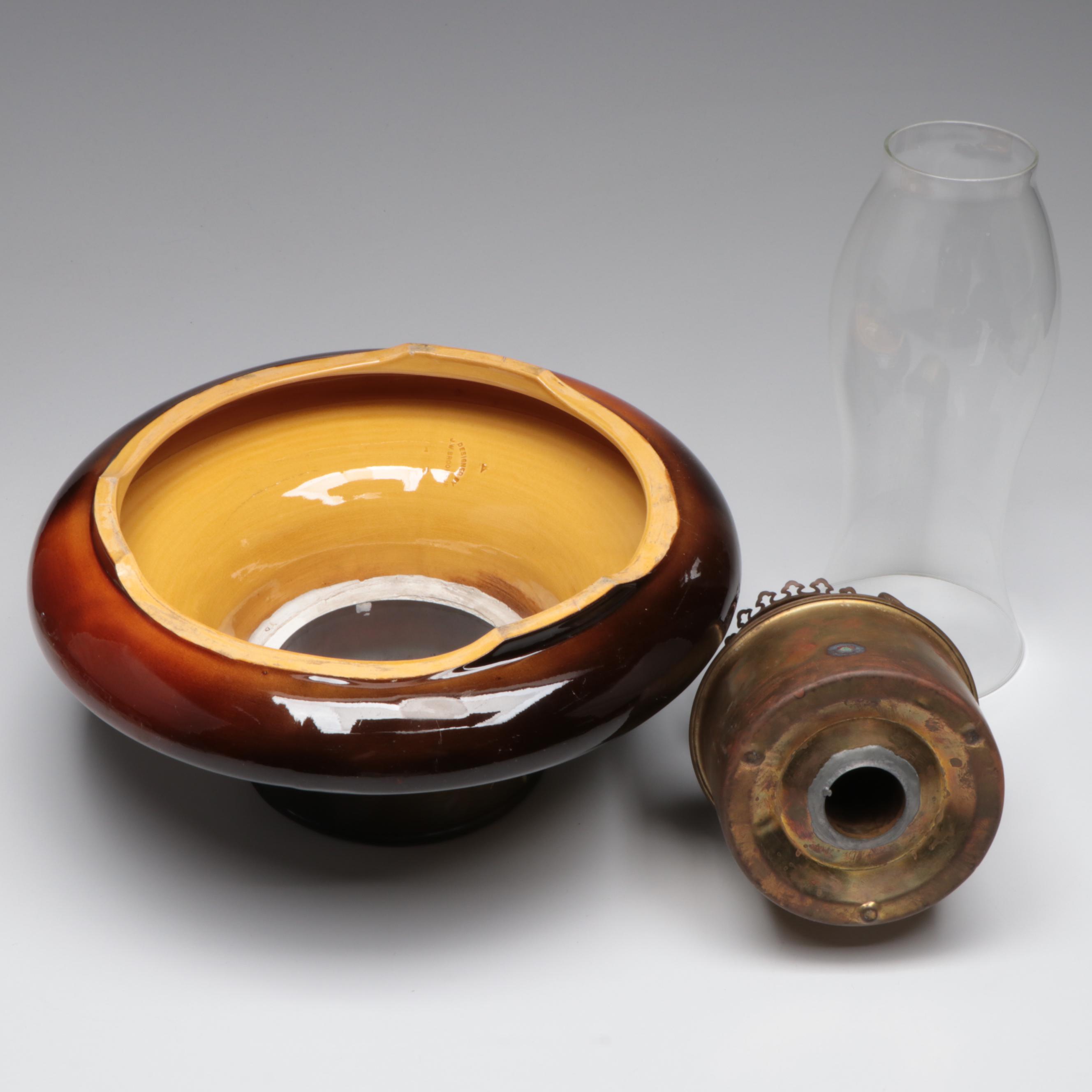 J.W. Brooks Jr. For Weller Pottery Ceramic Oil Lamp, Late 19th Century