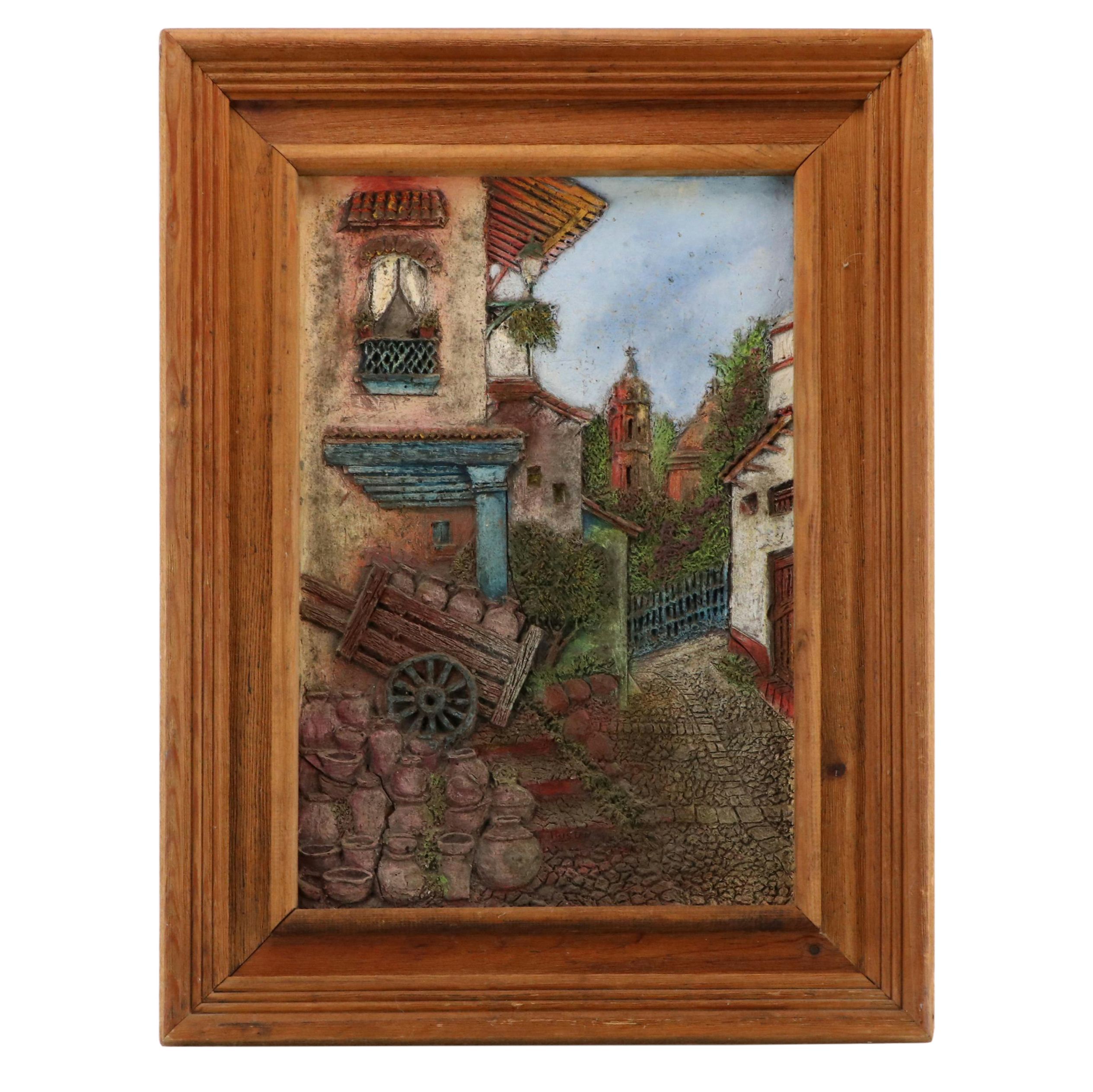 Rural Village Scene Hand-Painted Plaster Relief Panel, Circa 1980