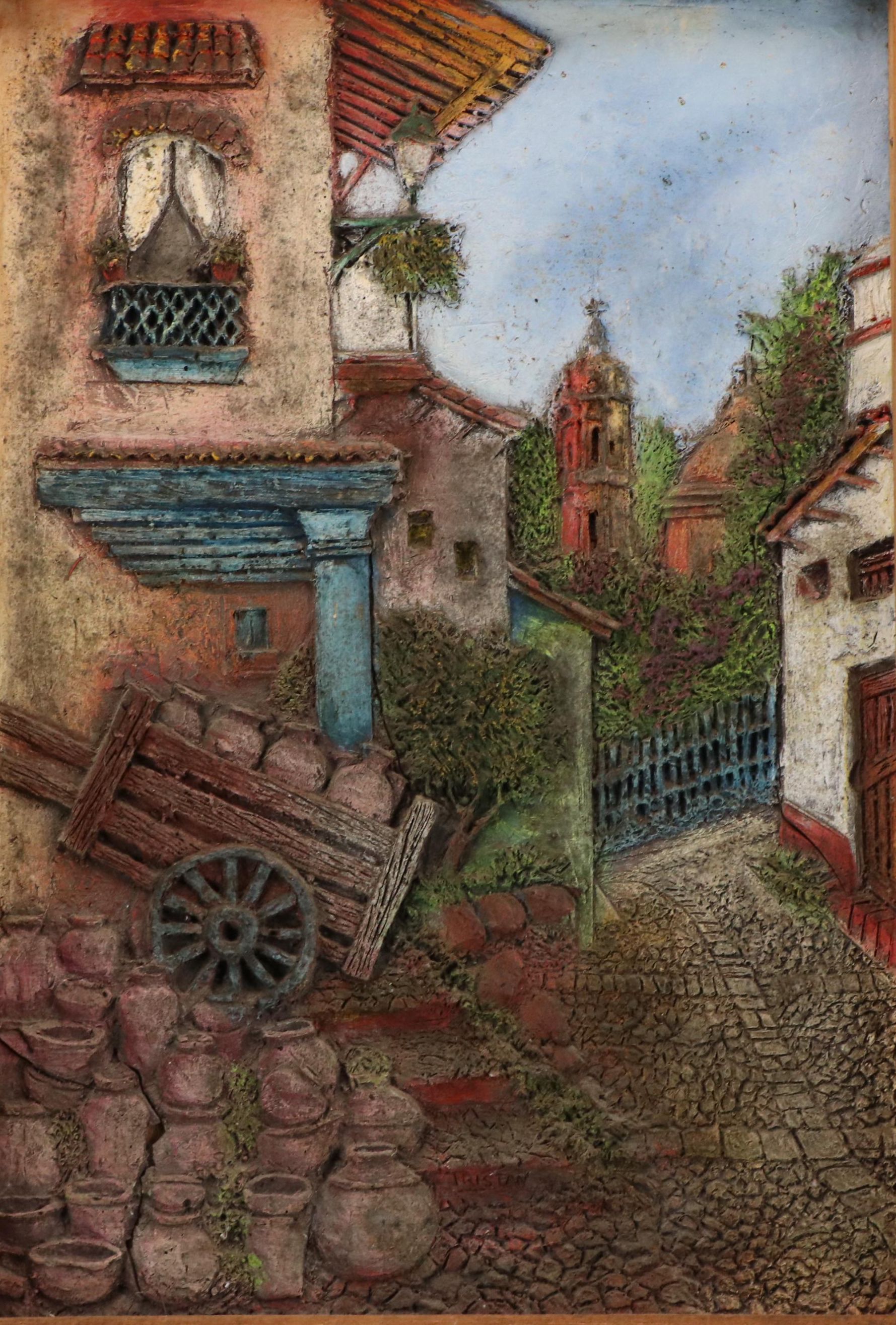 Rural Village Scene Hand-Painted Plaster Relief Panel, Circa 1980