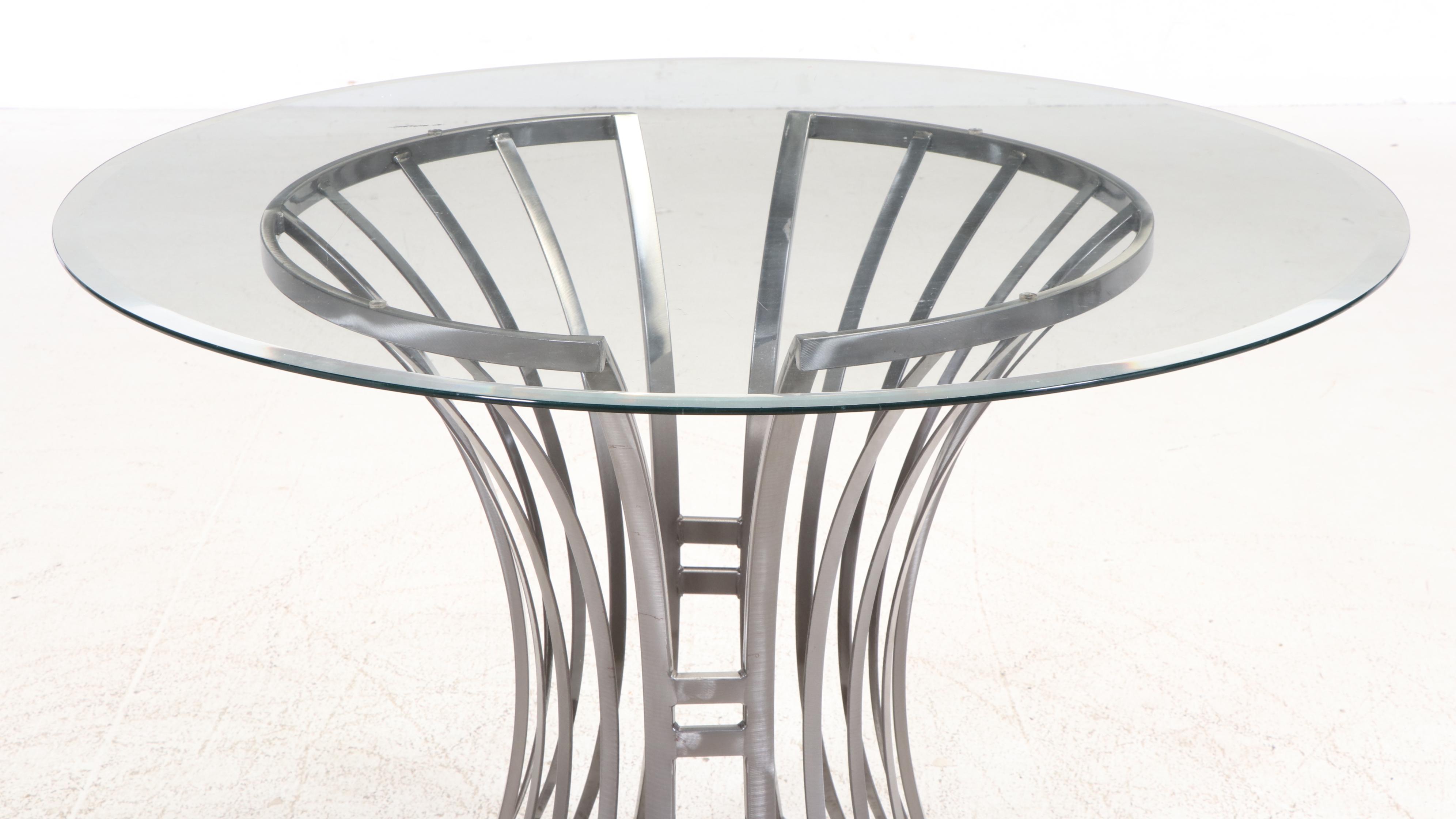 Modernist Style Brushed Metal and Glass Top Pedestal Dining Table