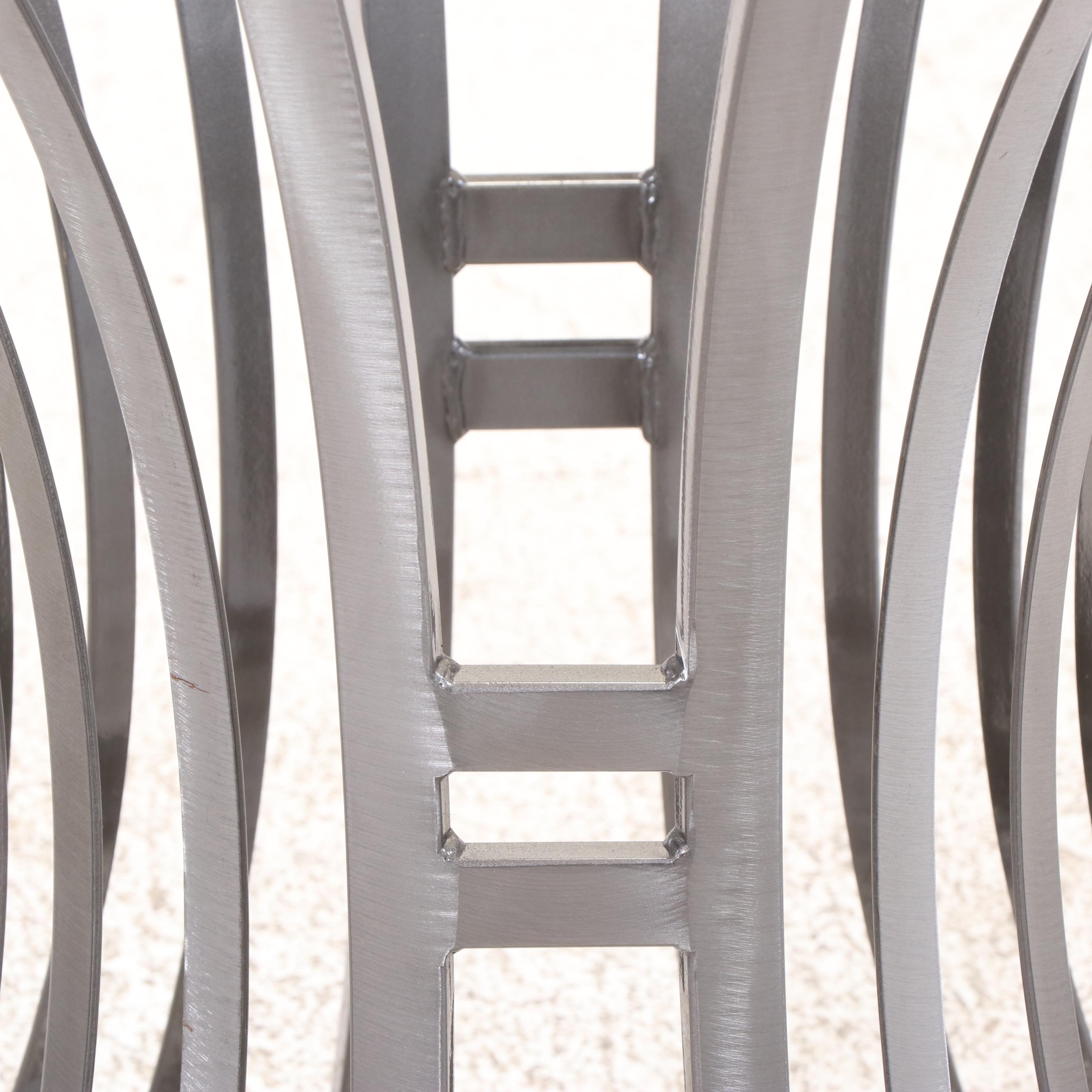 Modernist Style Brushed Metal and Glass Top Pedestal Dining Table