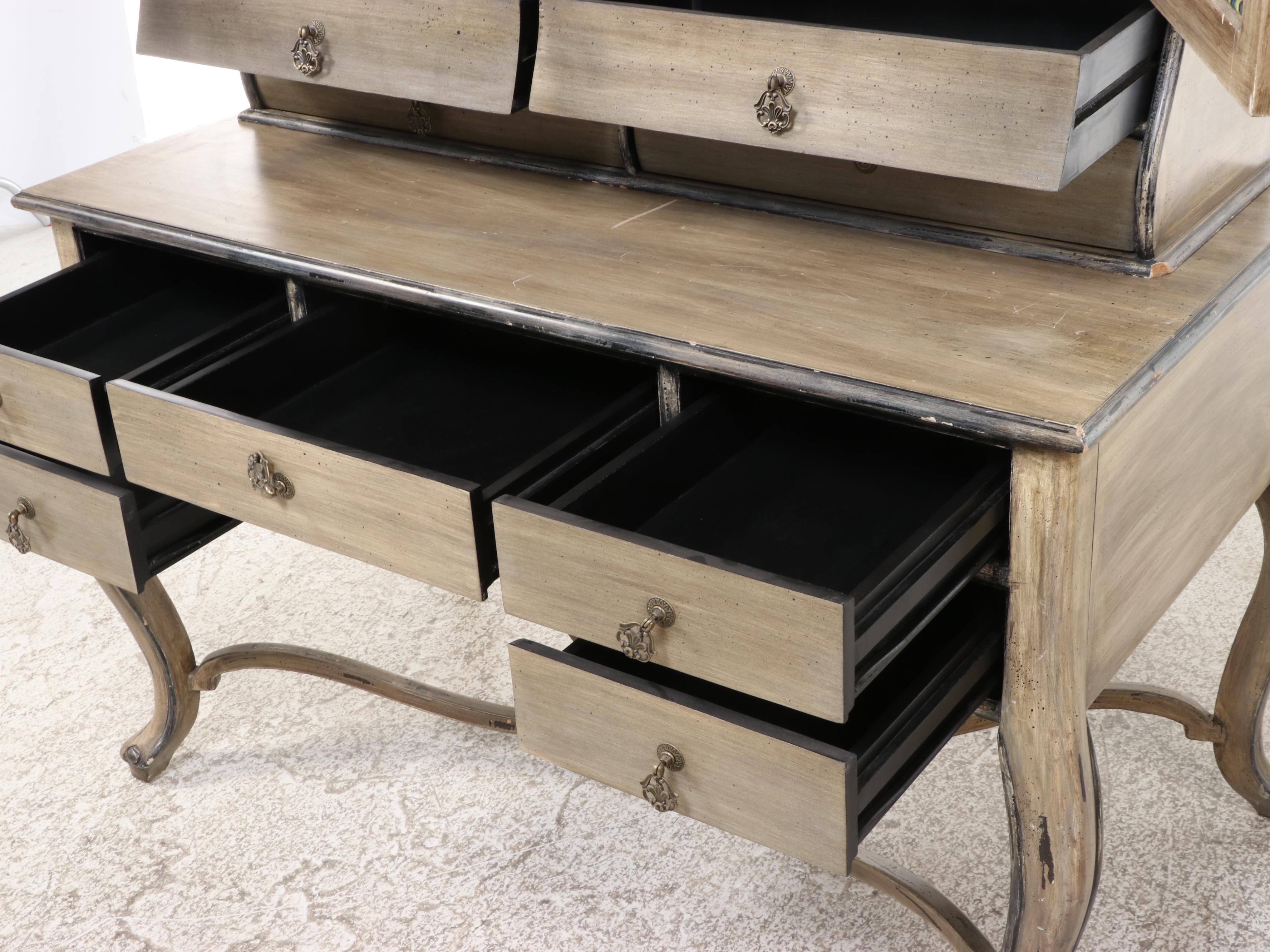 Rococo Style Painted Wood Secretary Desk with Hutch