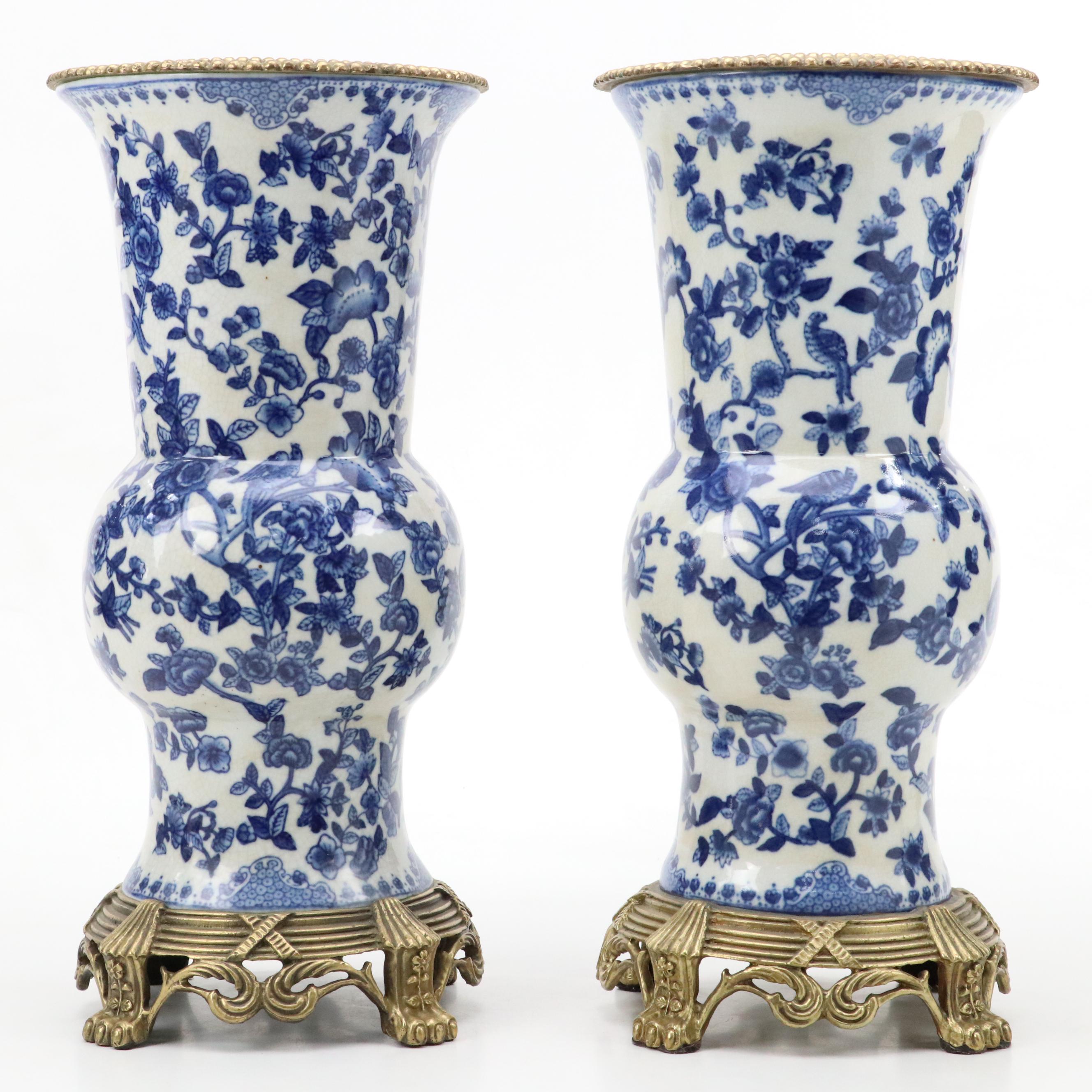 Amita Chinese Blue on White Claw-Footed Gu Form Porcelain Vase