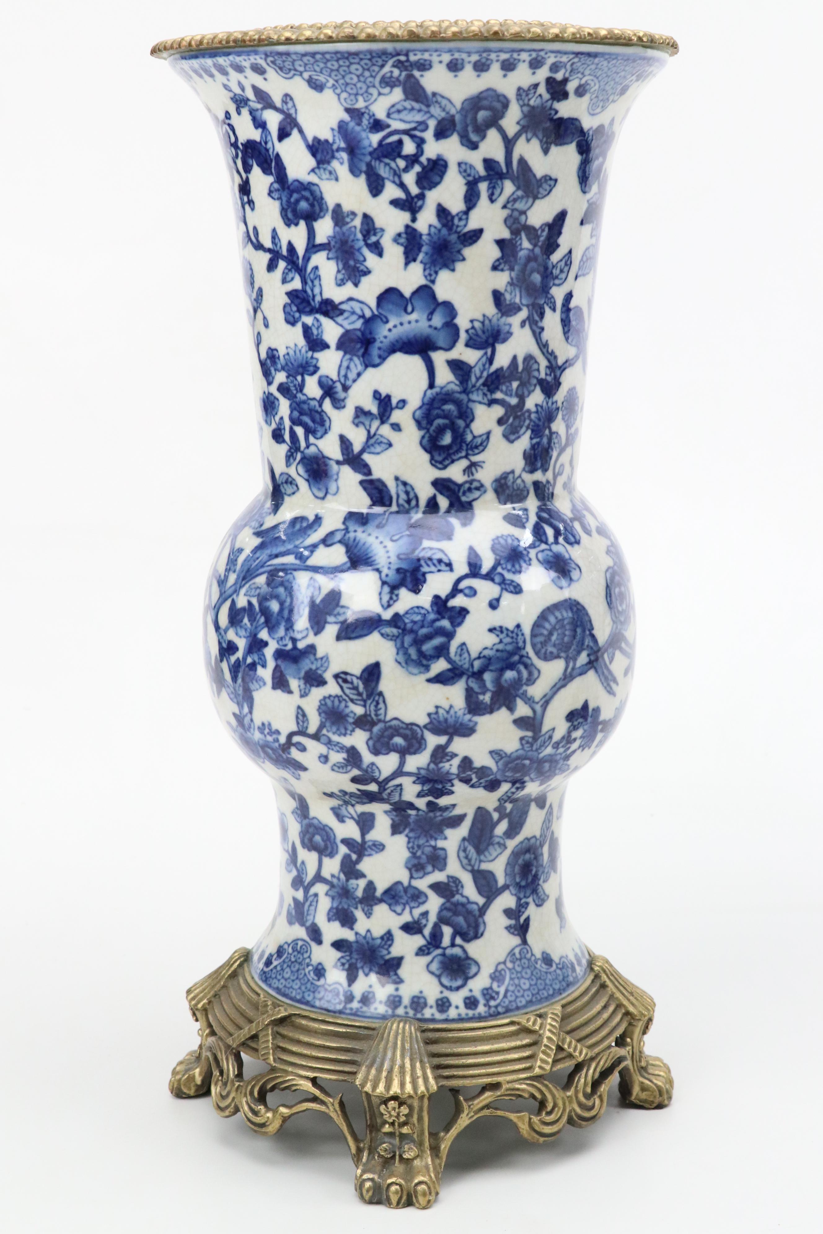 Amita Chinese Blue on White Claw-Footed Gu Form Porcelain Vase