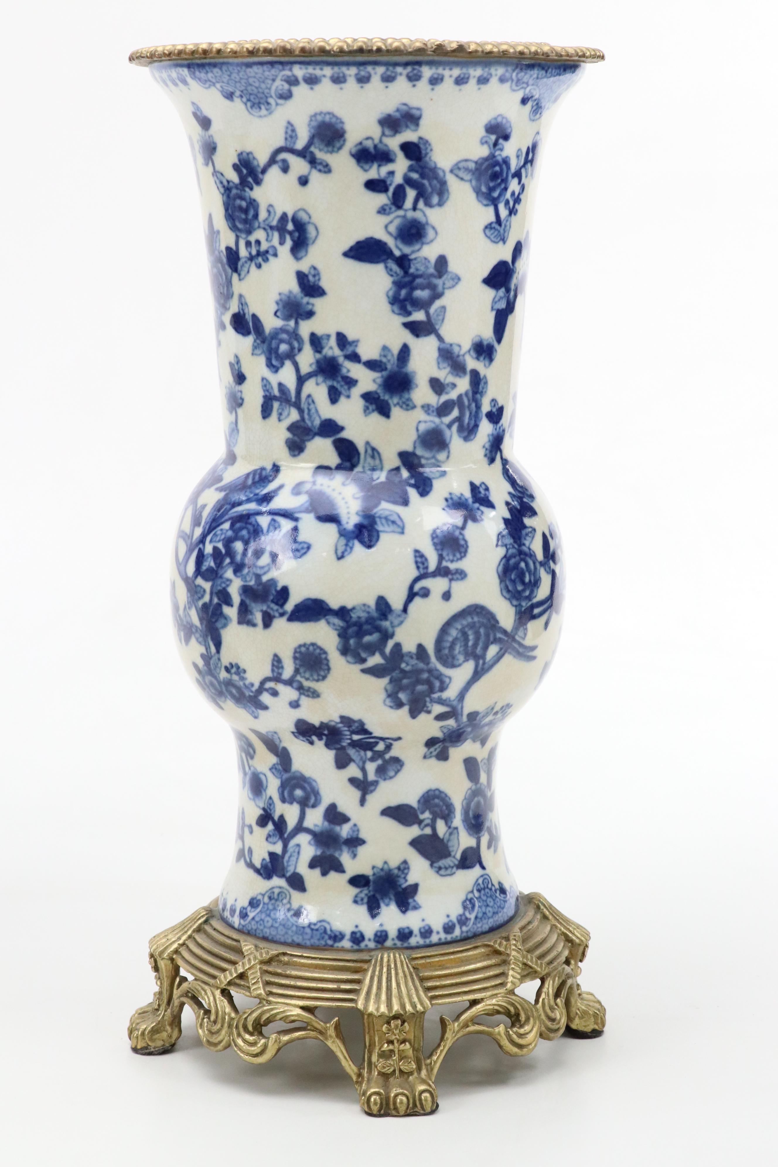 Amita Chinese Blue on White Claw-Footed Gu Form Porcelain Vase