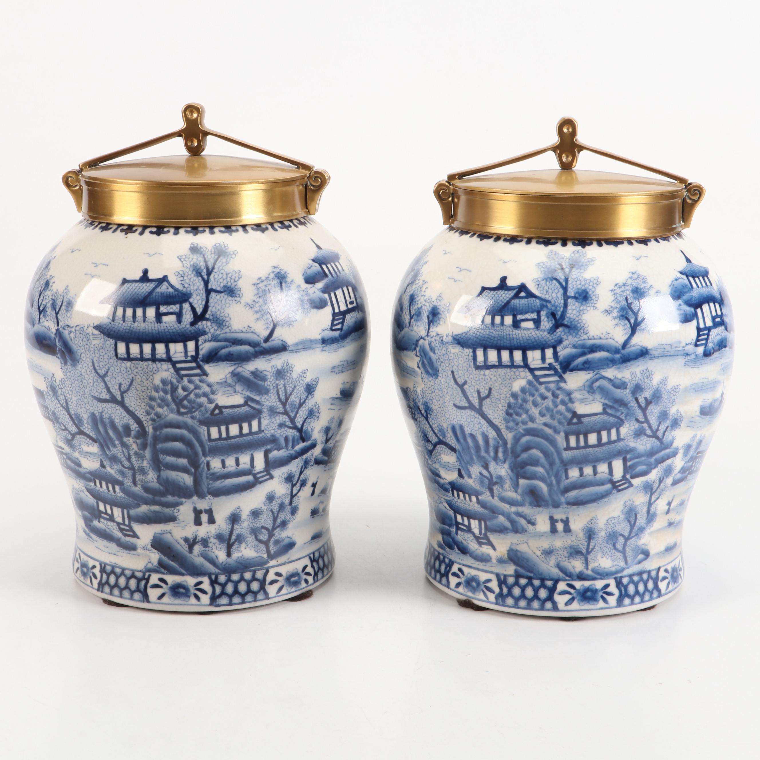 Chinese Blue Willow Style Porcelain Urns with Brass Lids
