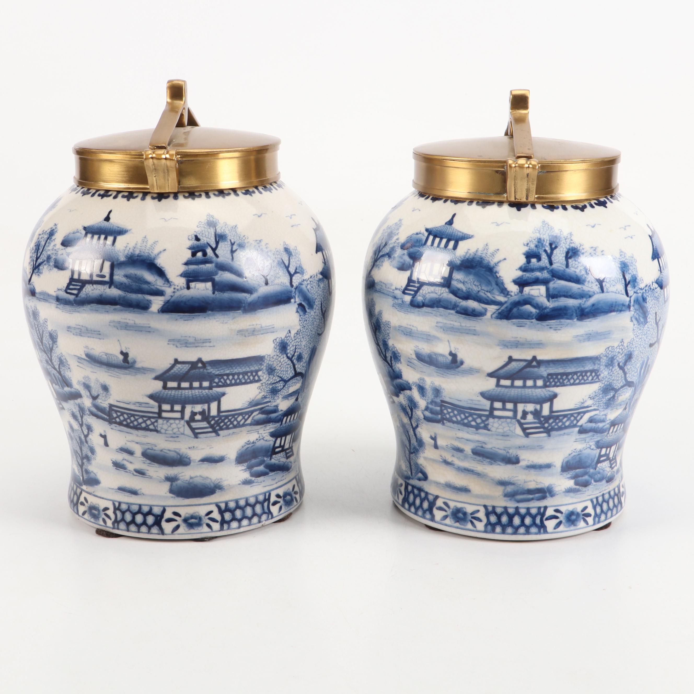 Chinese Blue Willow Style Porcelain Urns with Brass Lids