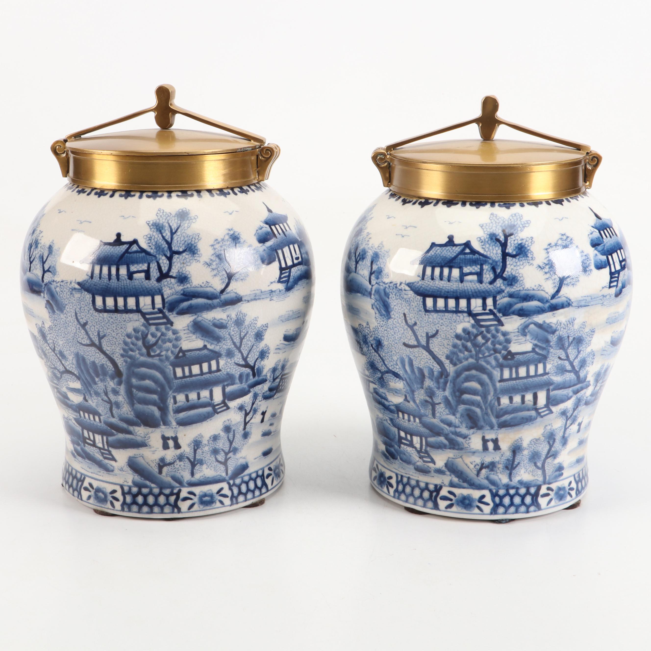 Chinese Blue Willow Style Porcelain Urns with Brass Lids