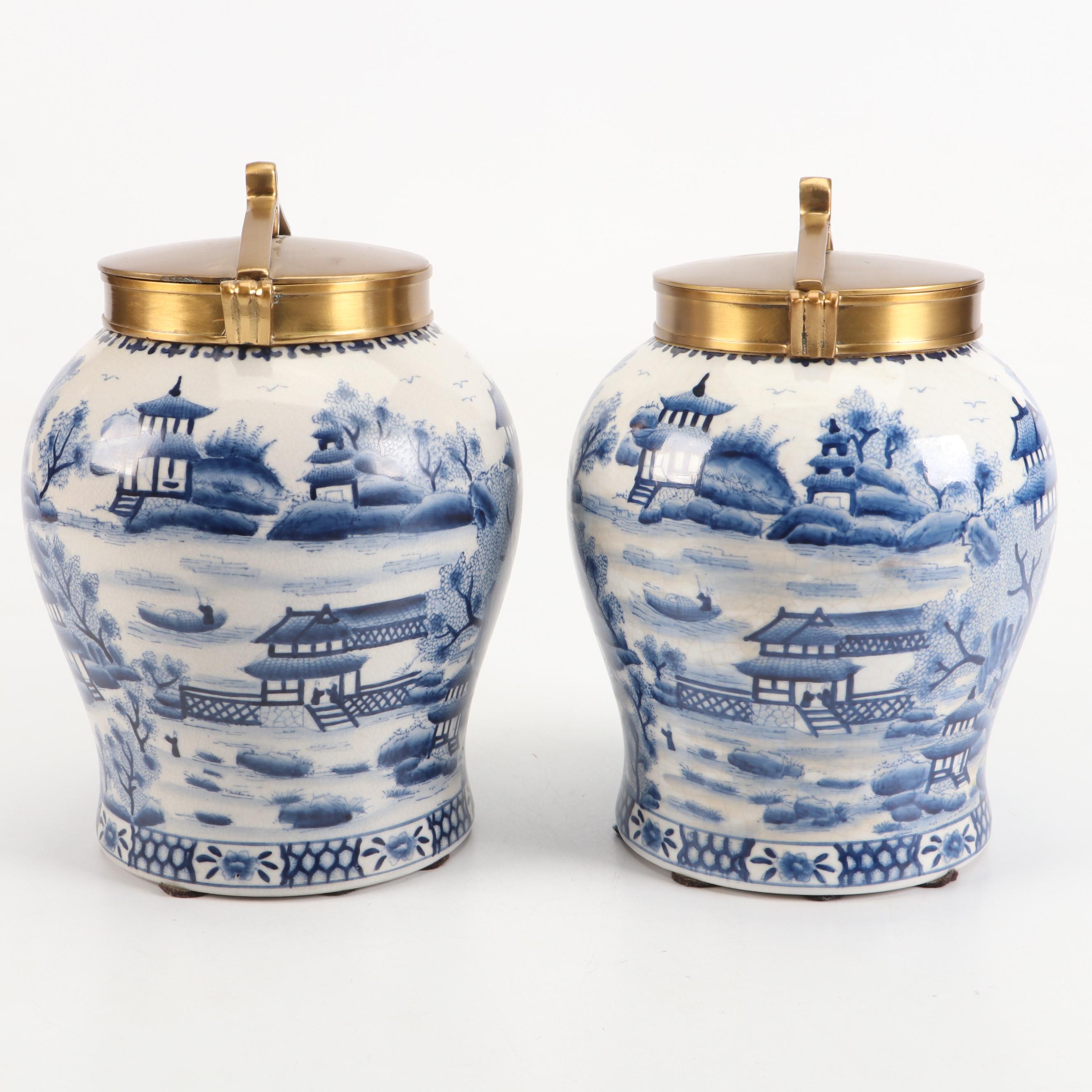 Chinese Blue Willow Style Porcelain Urns with Brass Lids