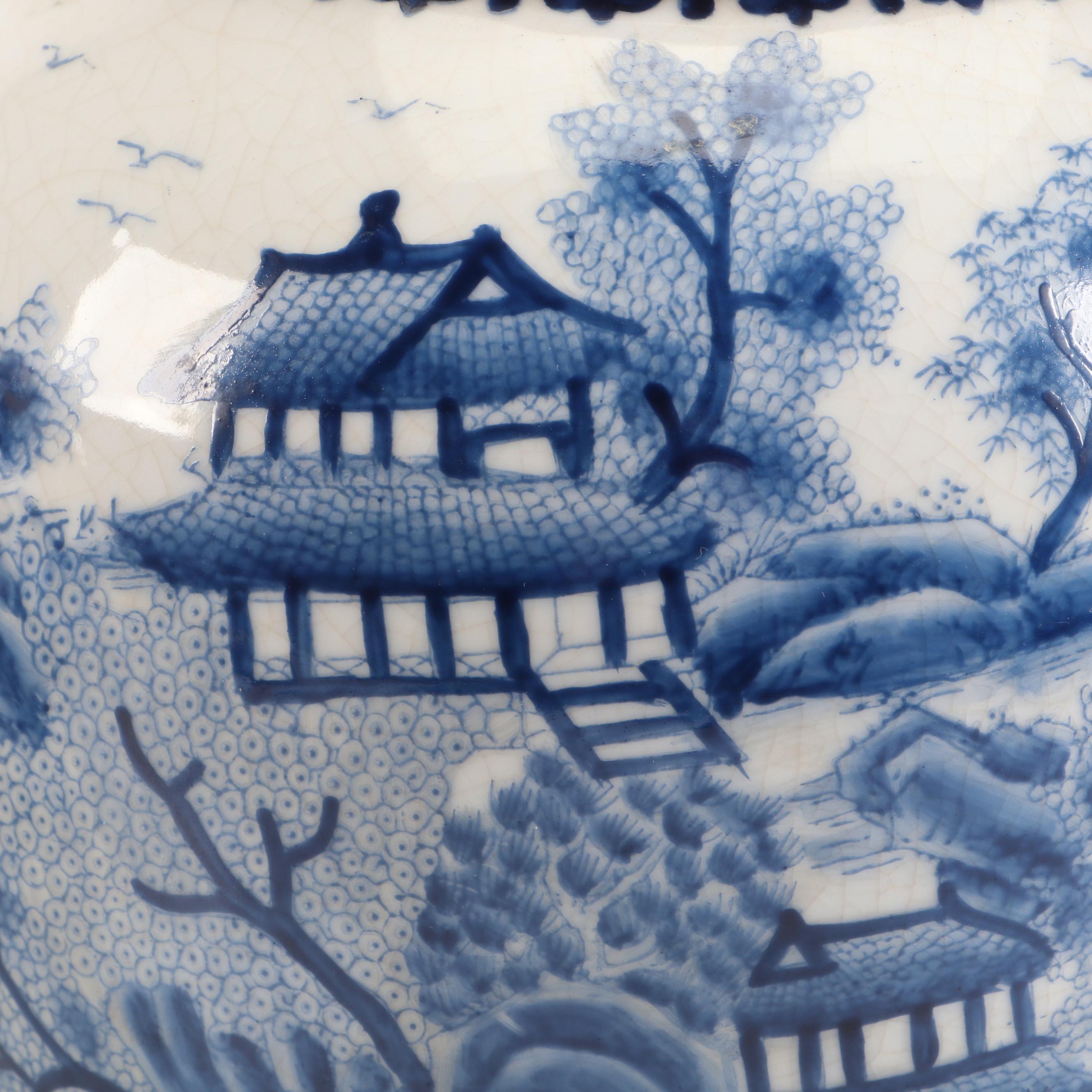 Chinese Blue Willow Style Porcelain Urns with Brass Lids