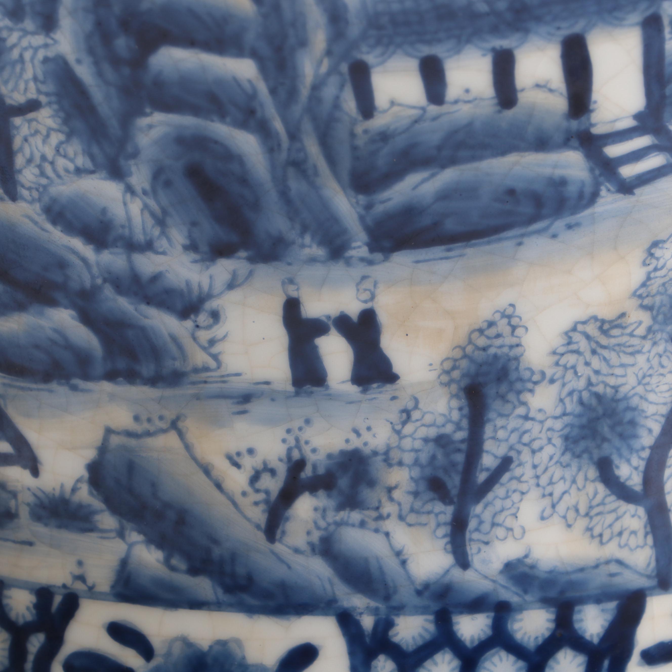 Chinese Blue Willow Style Porcelain Urns with Brass Lids